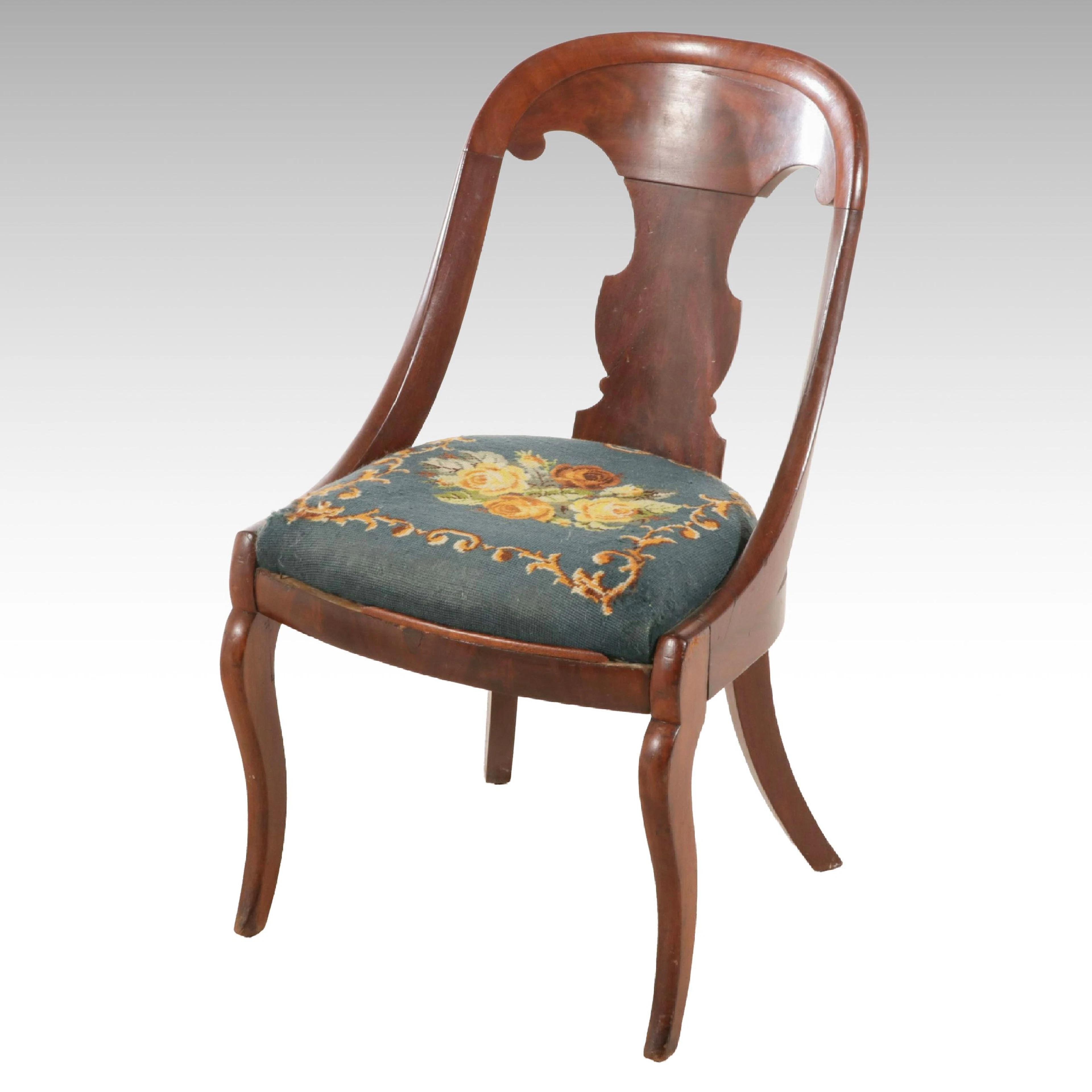American Empire Style Mahogany Side Chair with Needlepoint Seat