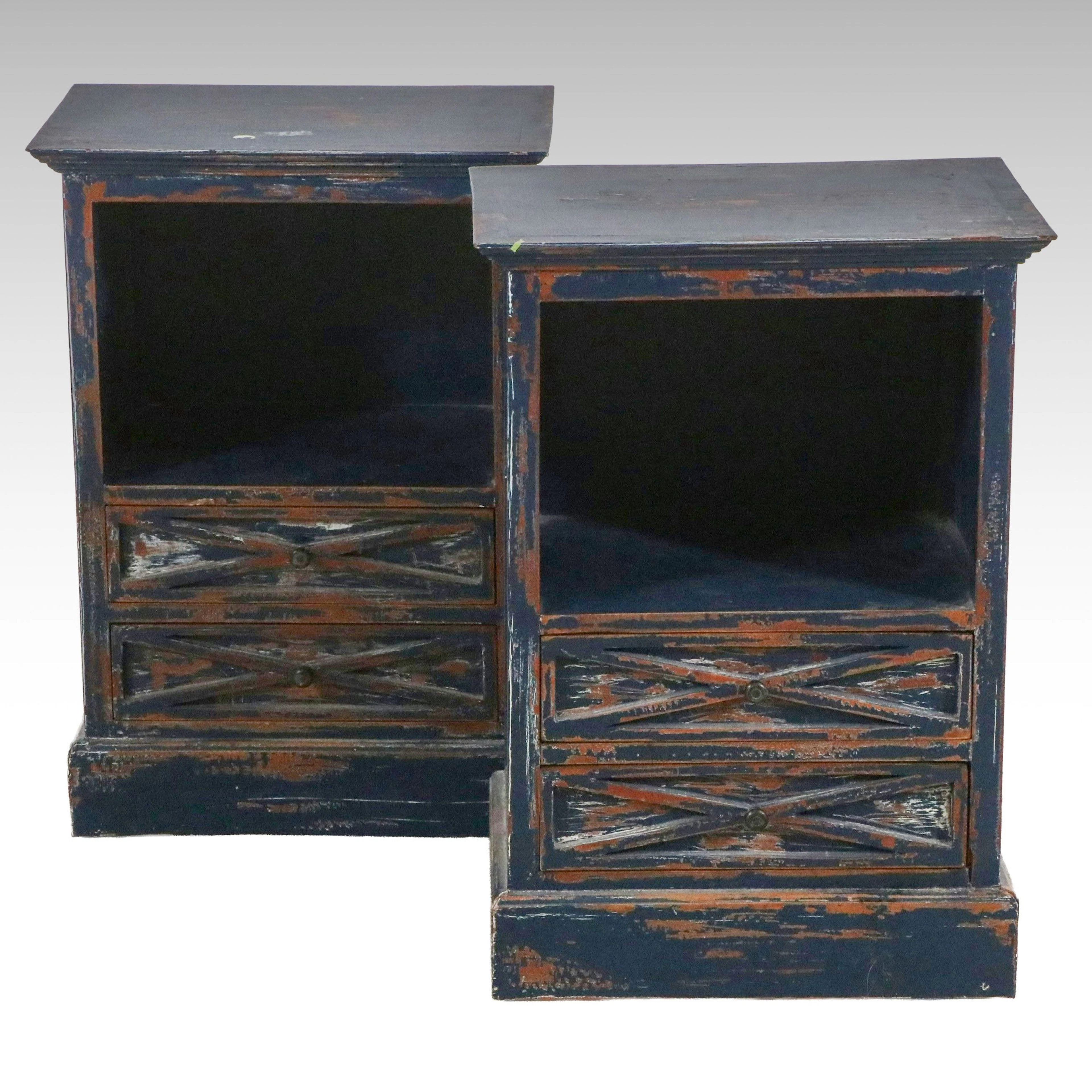 Pair of Nadeau Distressed Blue Painted Nightstands, 21st Century