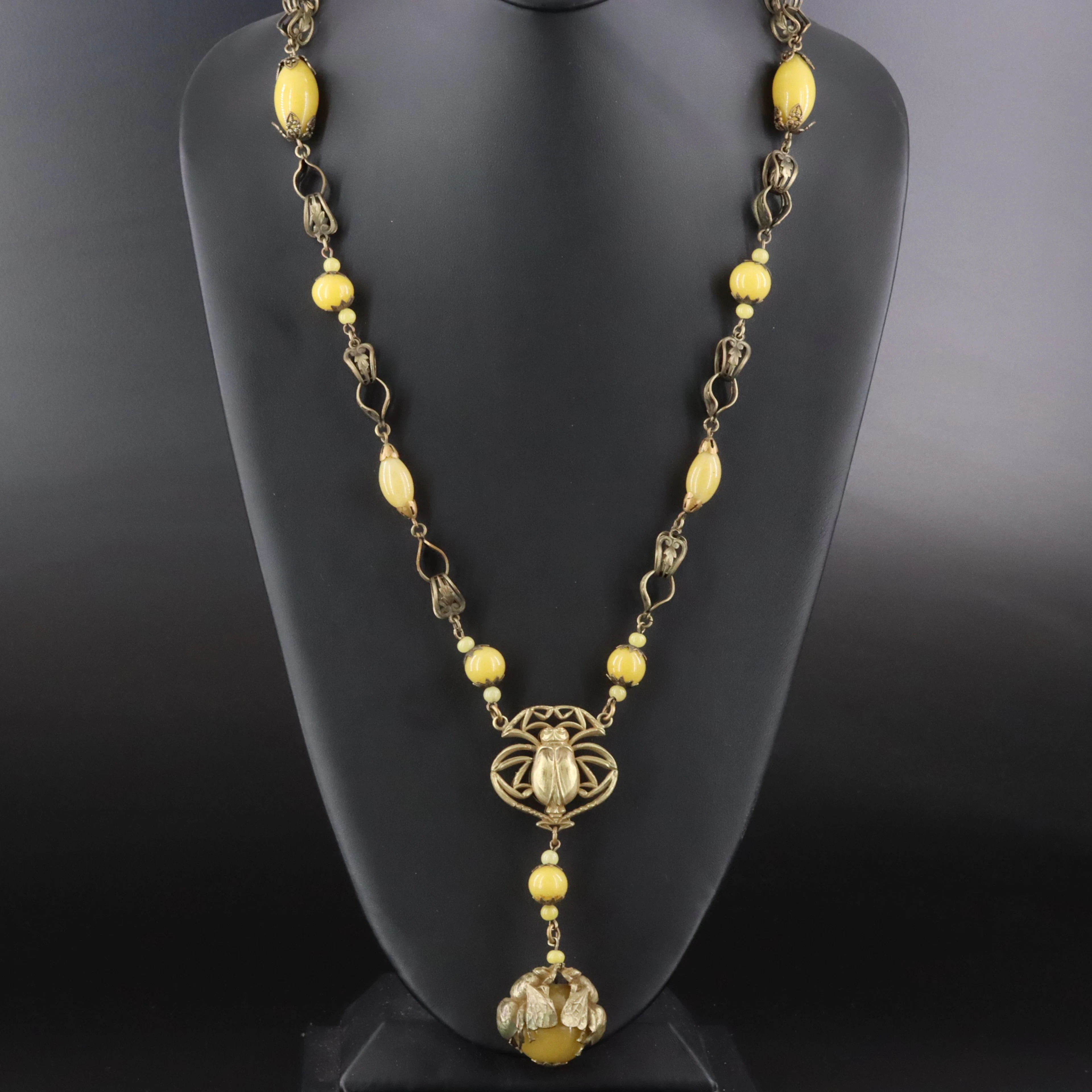 Art Nouveau Brass & Glass Beetle & Bee Necklace