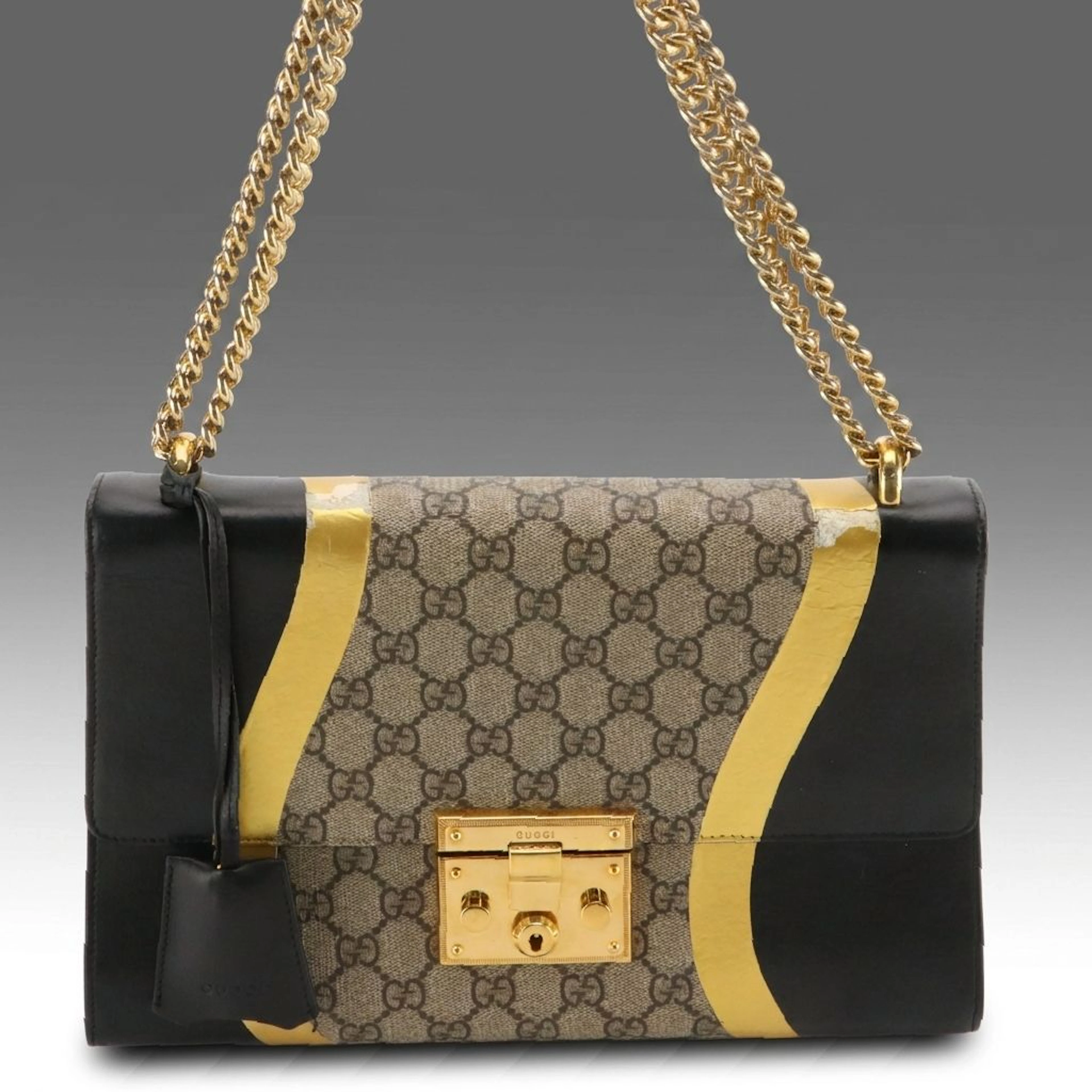 Gucci Padlock Shoulder Bag in GG Supreme Canvas, Gold and Black Leather
