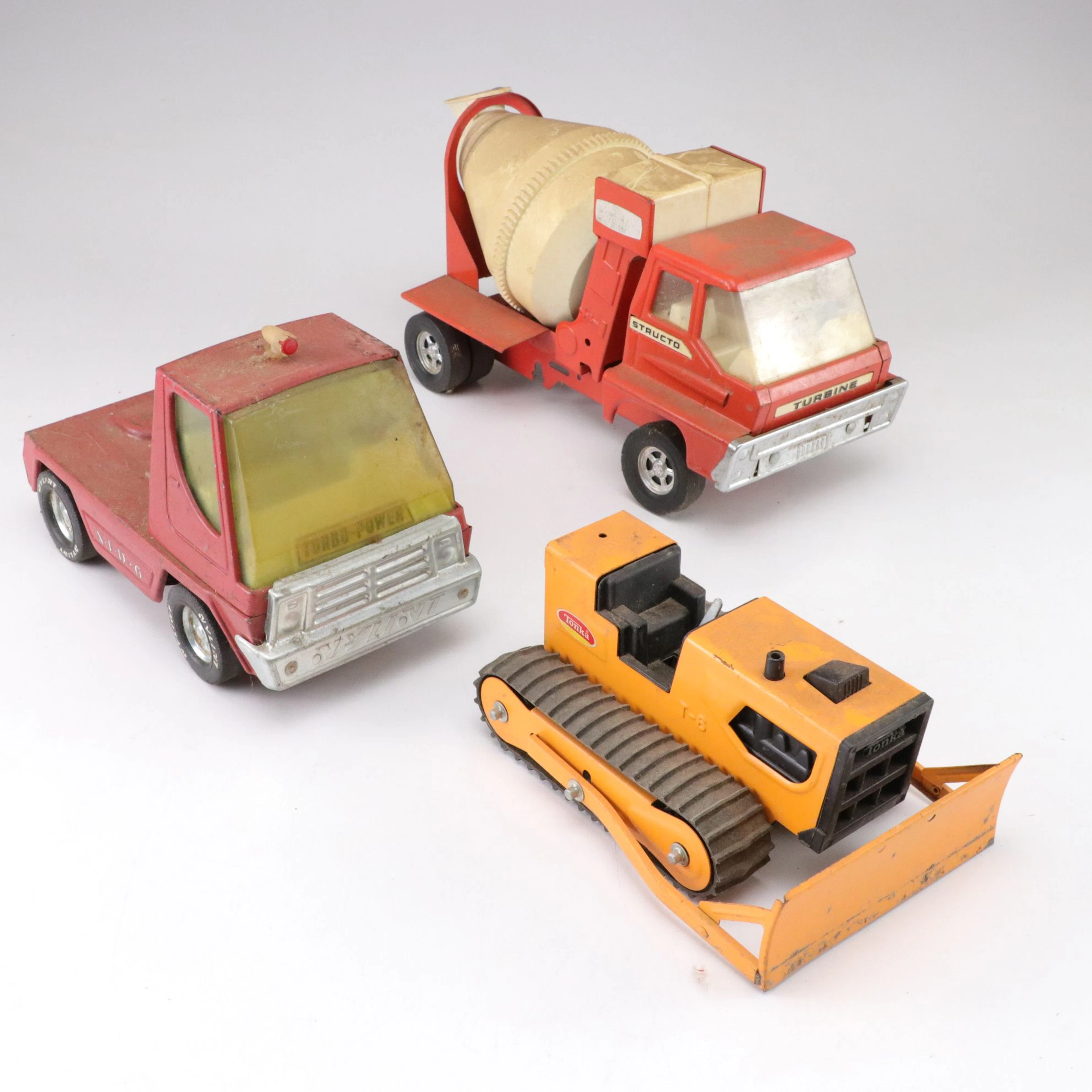Structo Concrete Mixer with Tonka T-6 Bulldozer and N.F.D. Truck Cab Toys