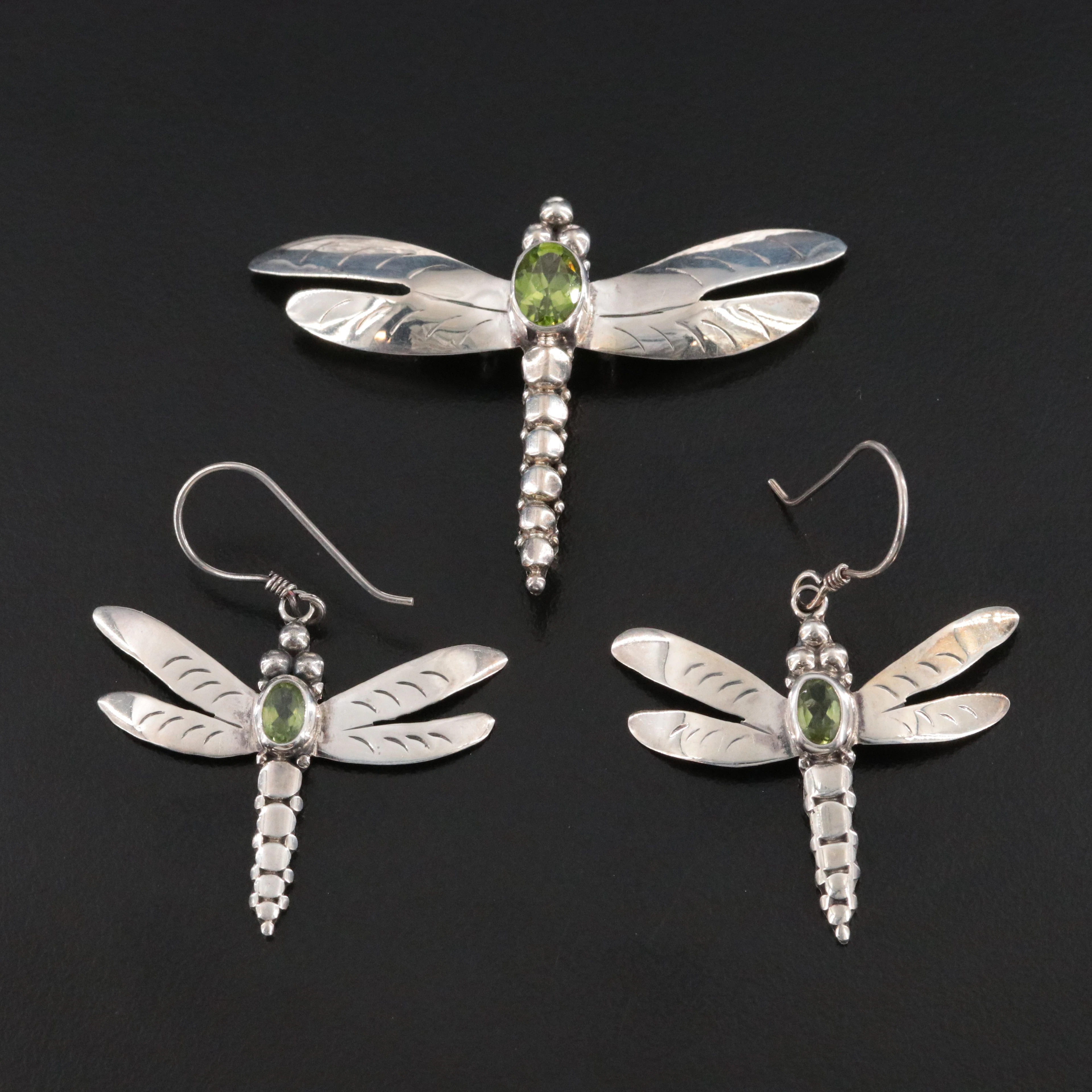 Sterling Peridot Dragonfly Earrings and Brooch/Pendant