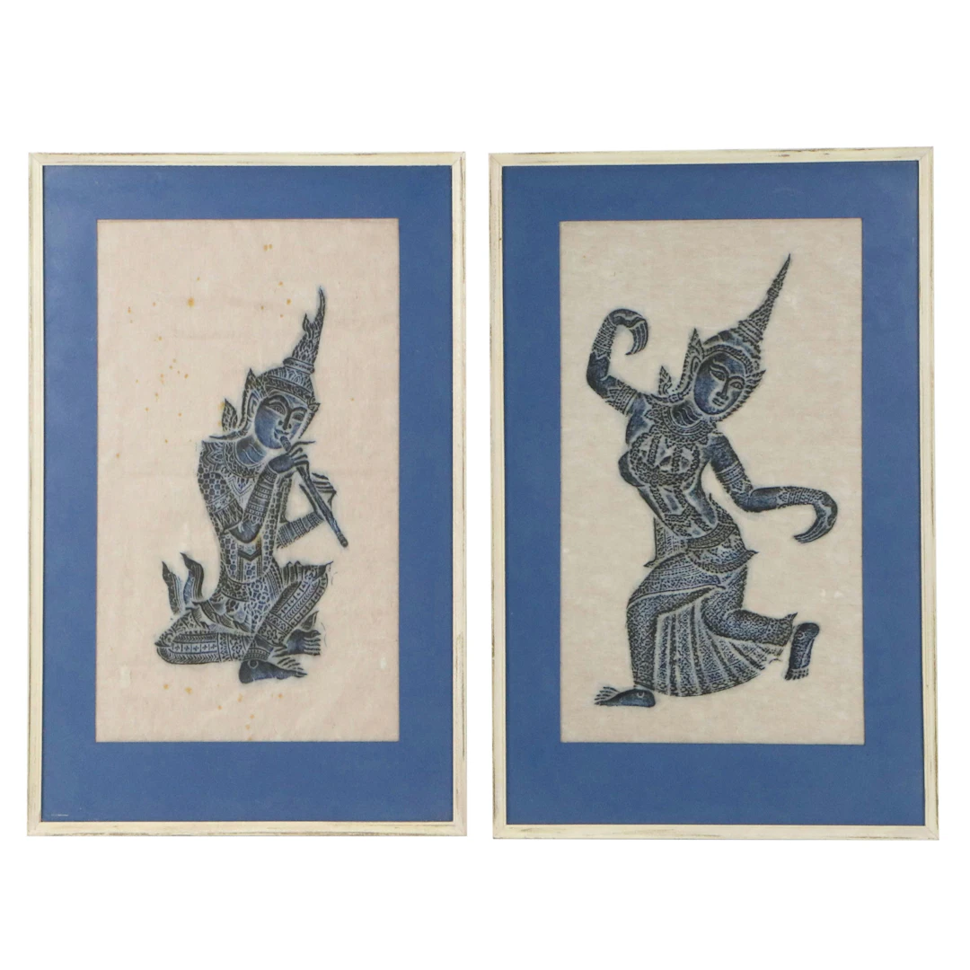 Thai Temple Rubbings of Musician and Dancer, Circa Early 20th Century