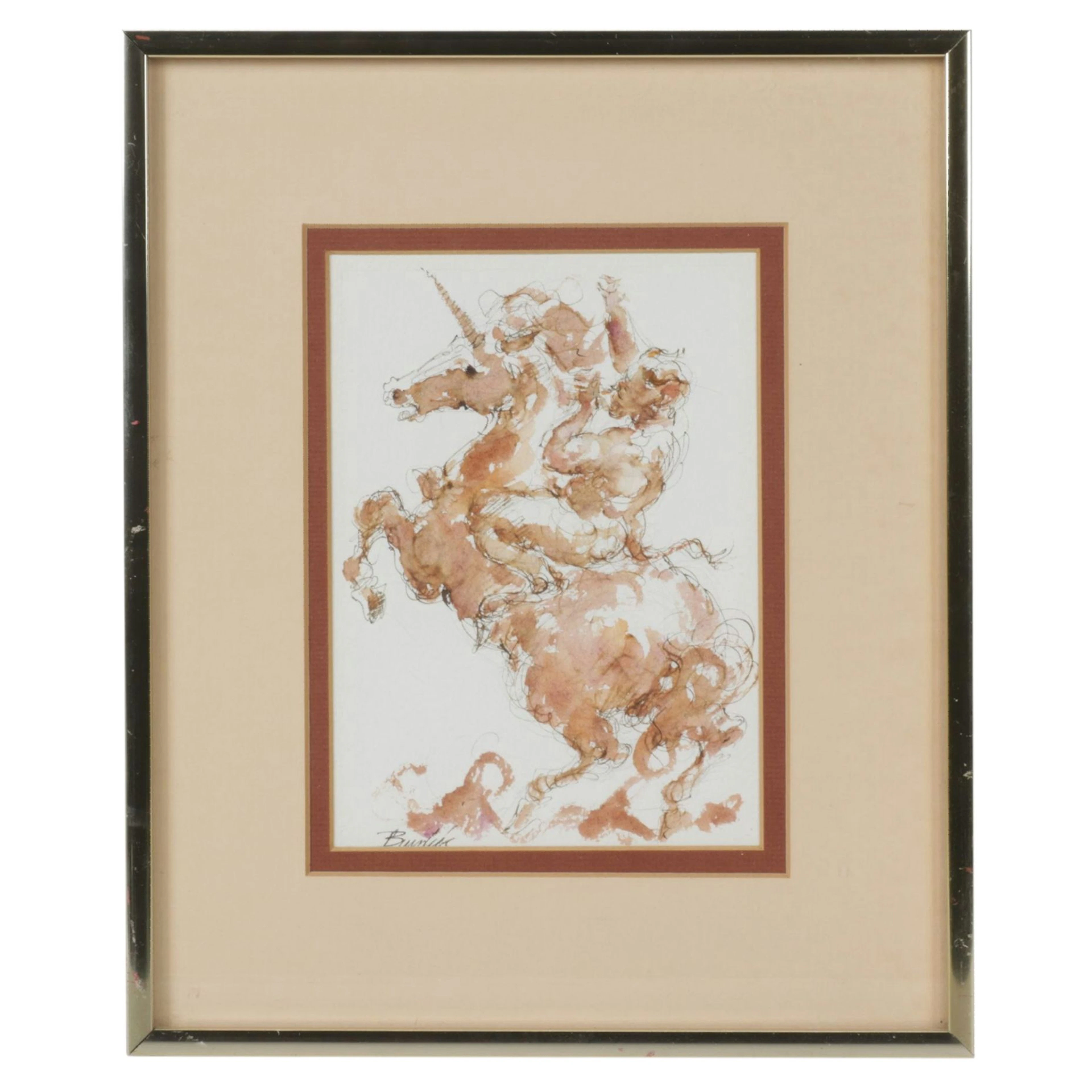 Charles Burdick Watercolor Painting of Unicorn and Rider