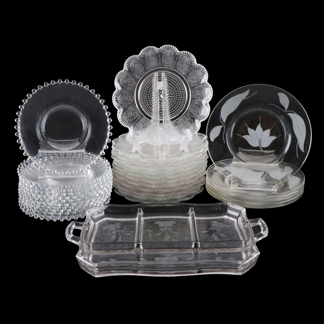 Imperial Glass "Candlewick" and Other Glass Salad Plates with Divided Server