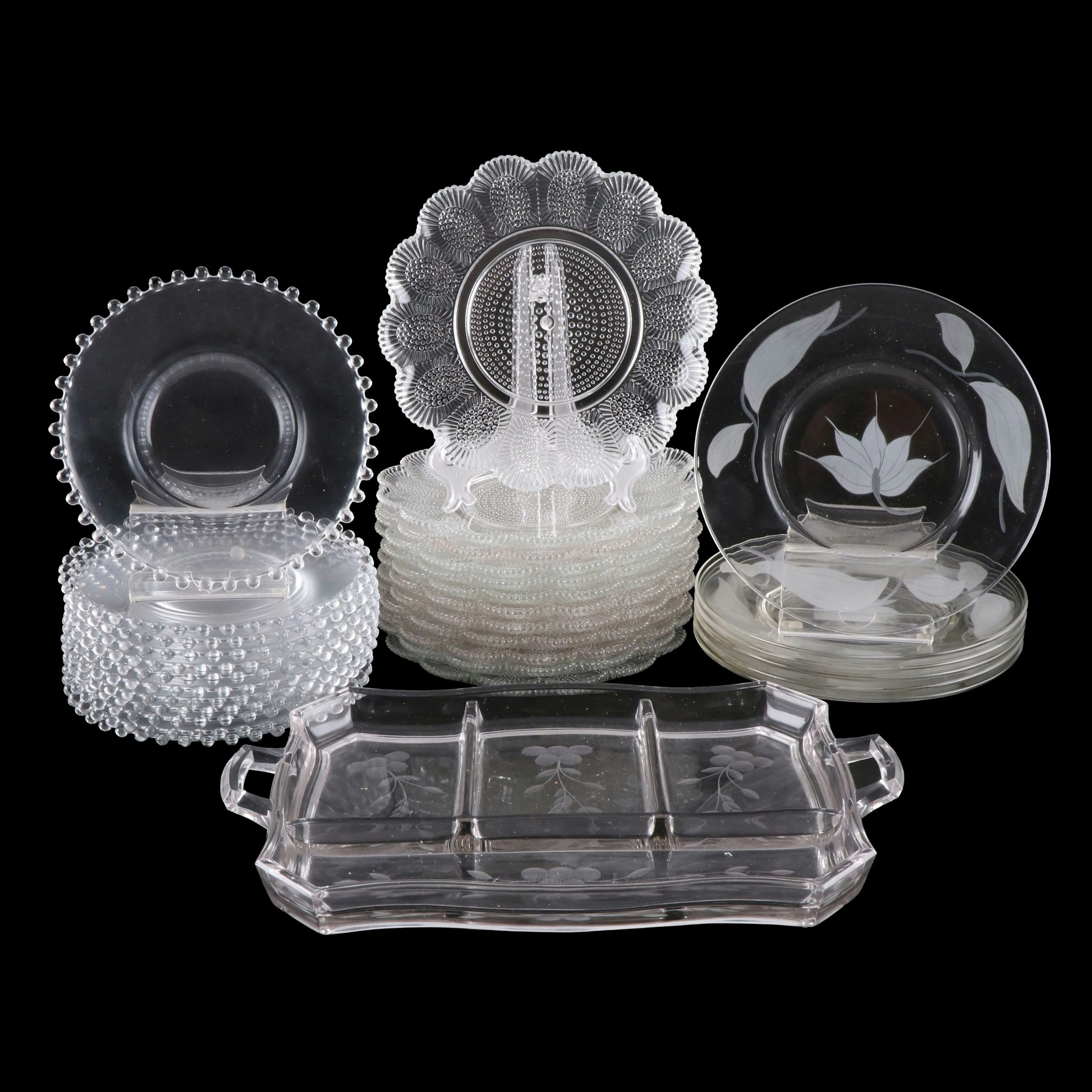 Imperial Glass "Candlewick" and Other Glass Salad Plates with Divided Server