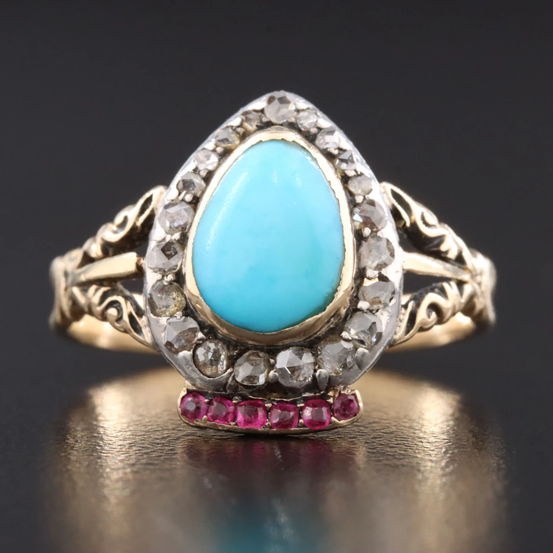 Antique 14K Turquoise, Diamond and Ruby Ring with Sterling Accent