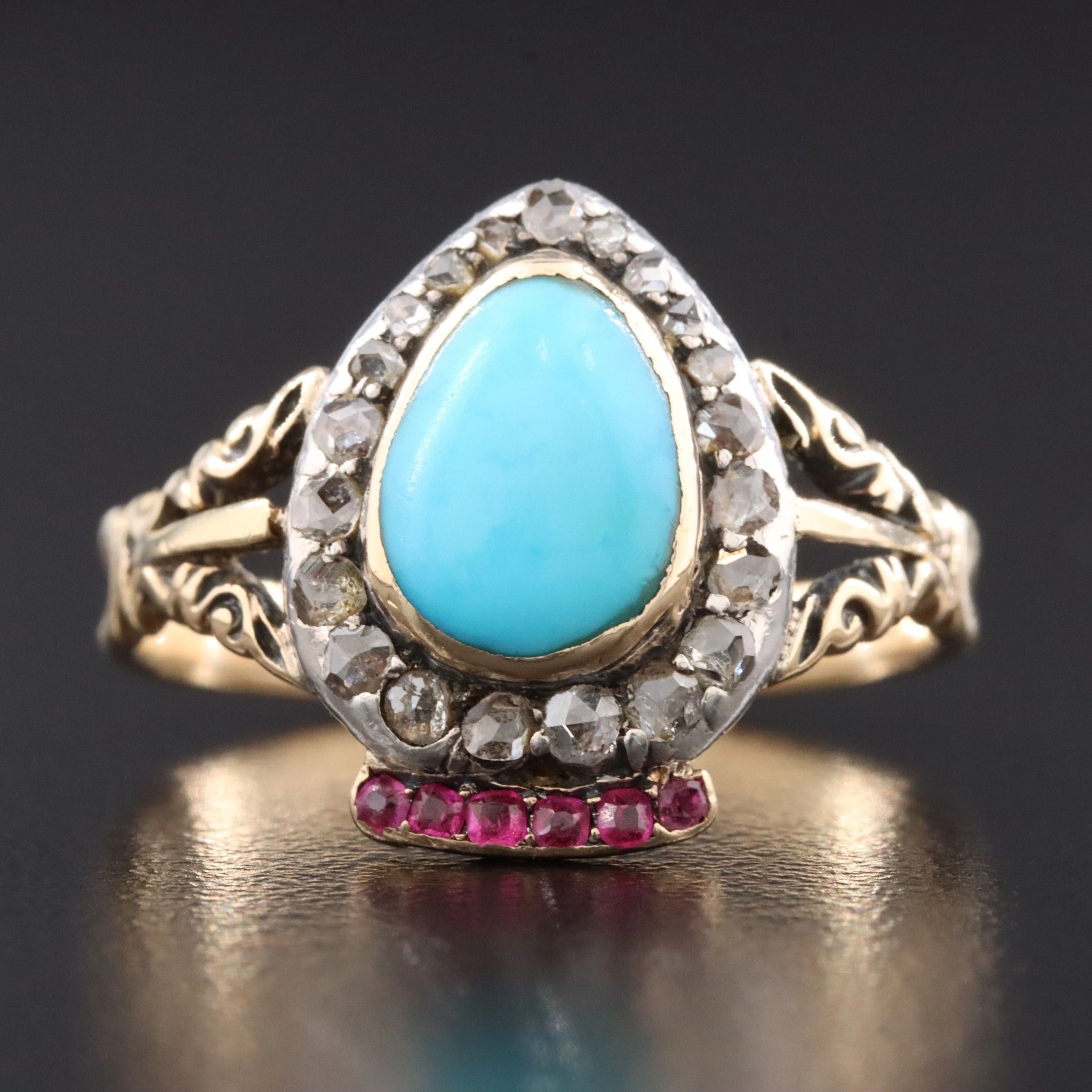 Antique 14K Turquoise, Diamond and Ruby Ring with Sterling Accent