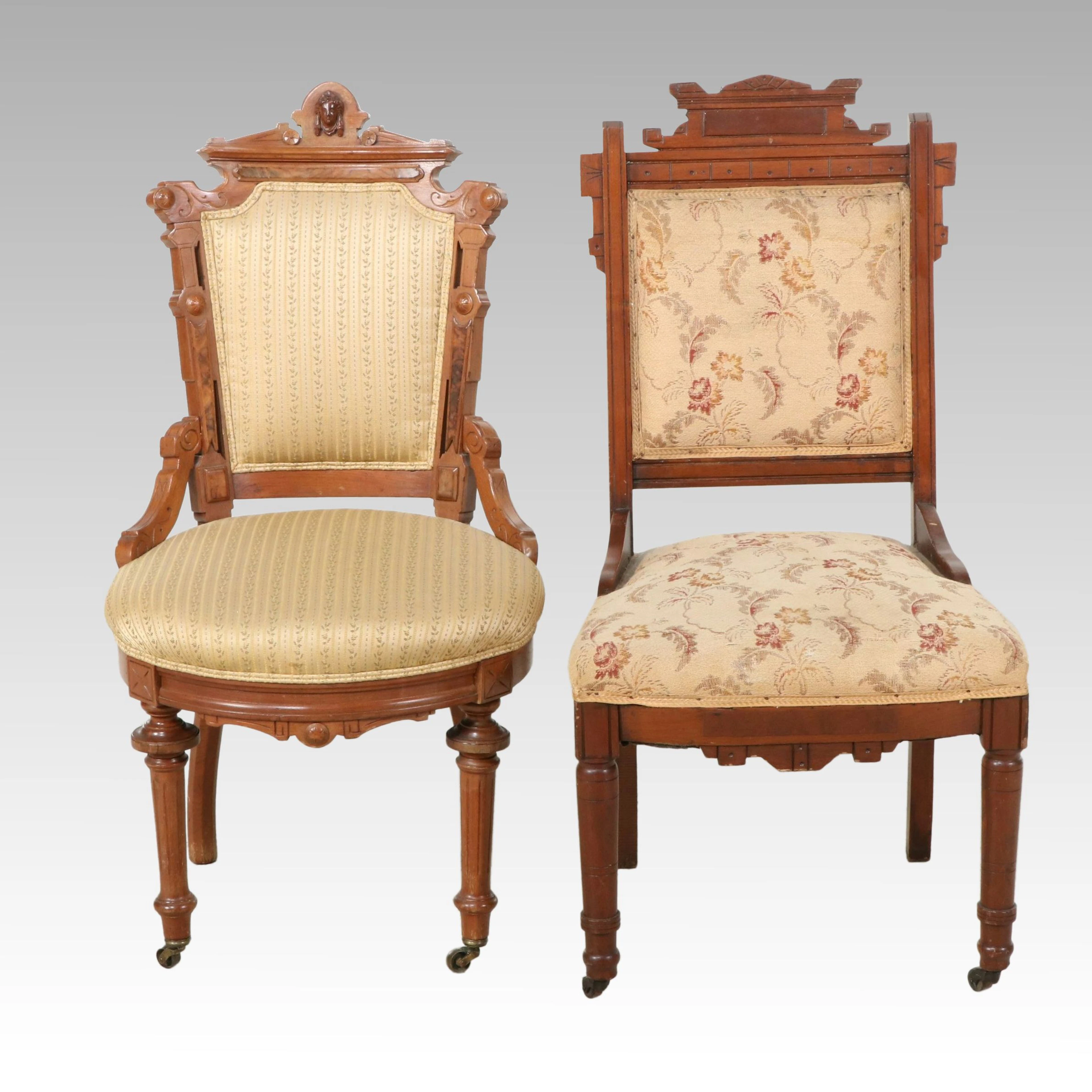 Victorian John Jelliff Inspired Walnut Parlor Chair & Eastlake Side Chair