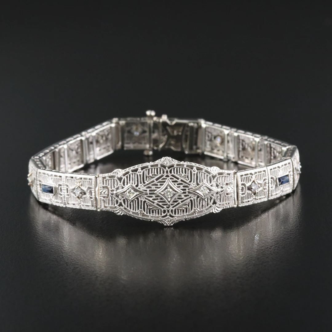 Art Deco 14K 0.58 CTW Diamond and Blue Glass Openwork Bracelet