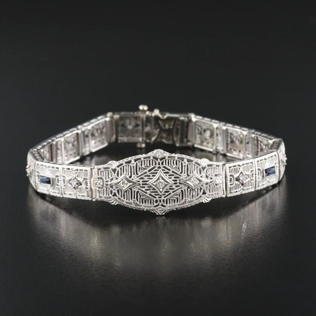 Art Deco 14K 0.58 CTW Diamond and Blue Glass Openwork Bracelet