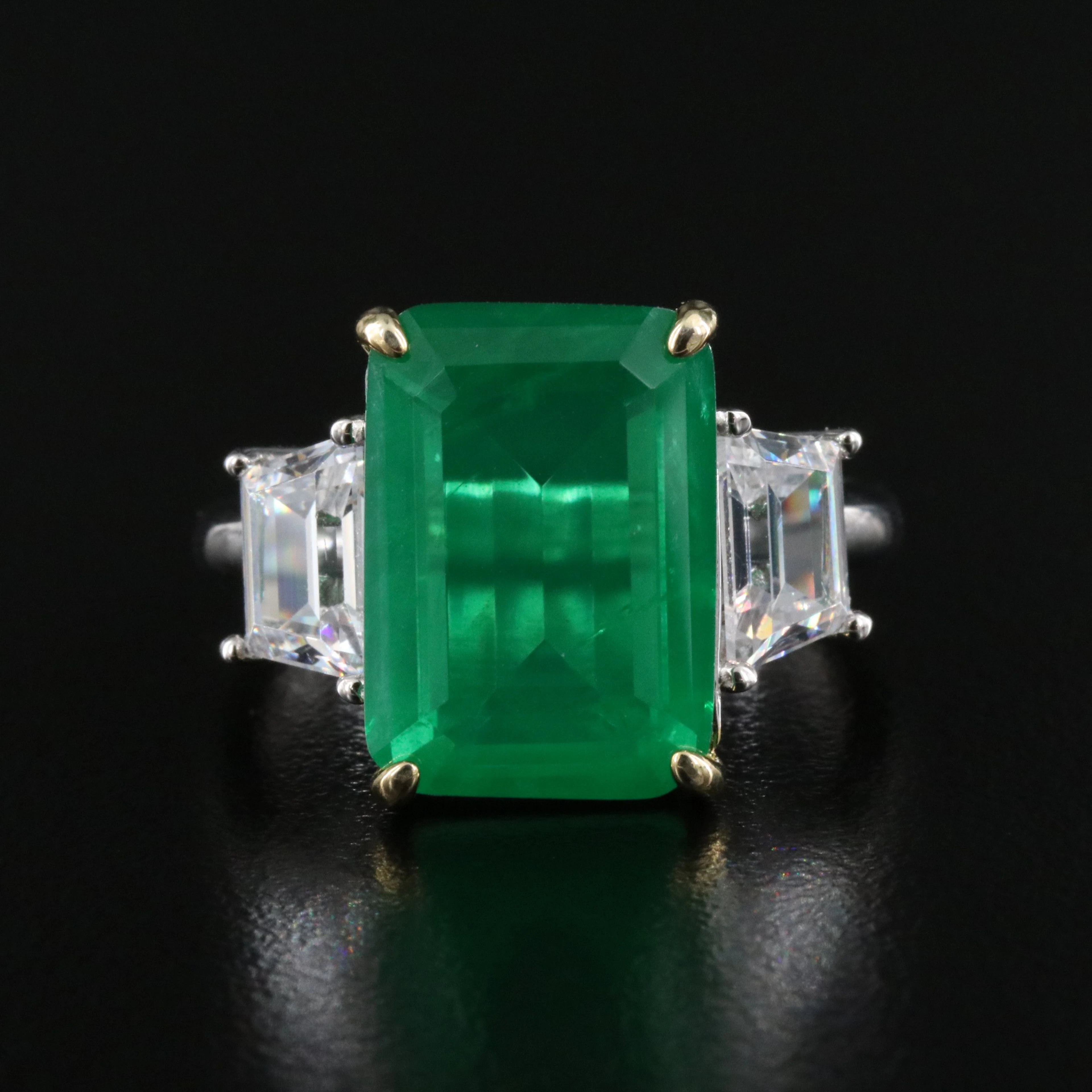 Sterling Beryl Triplet and CZ Three Stone Ring
