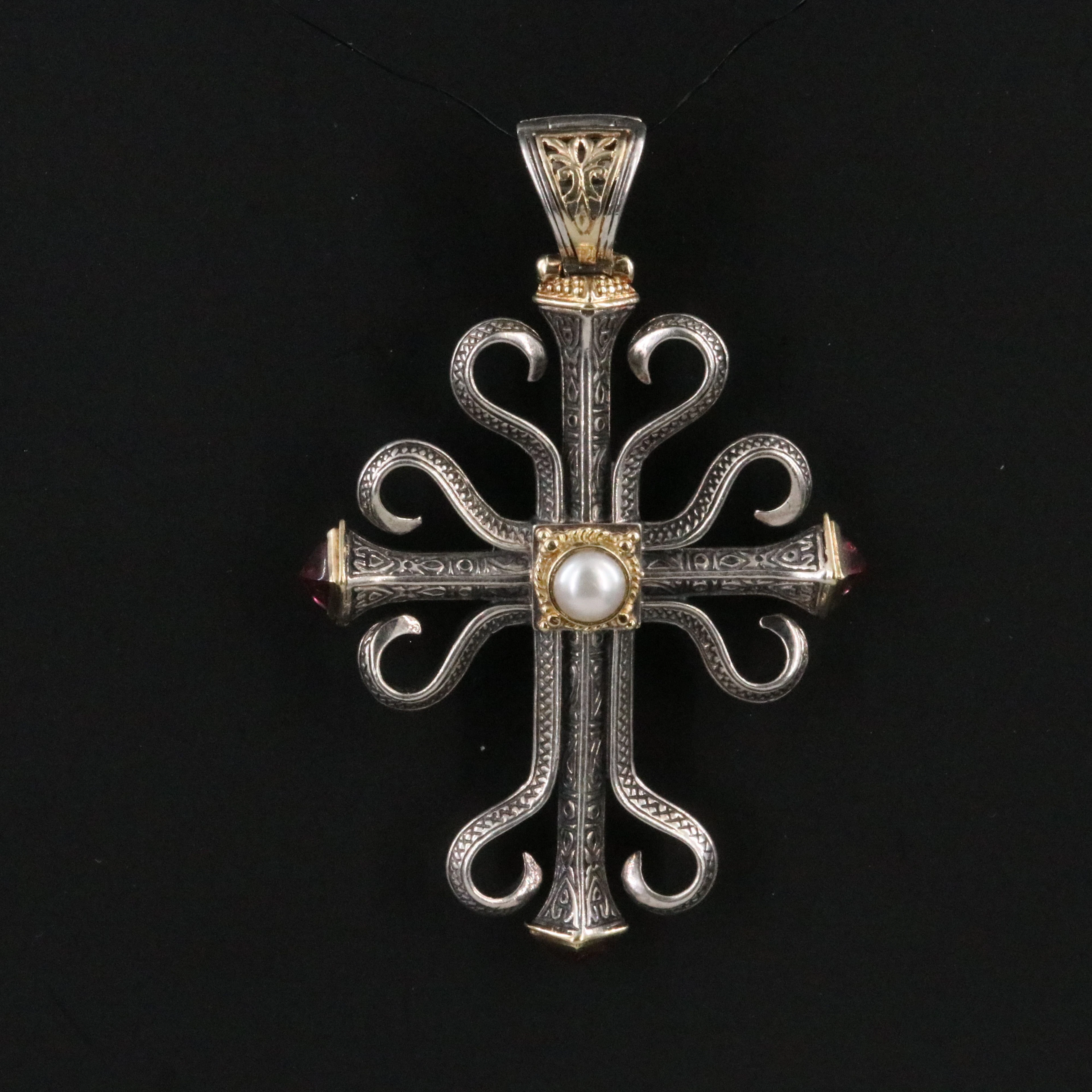 Konstantino Sterling Cross Necklace with Pearl, Tourmaline and 18K Accents
