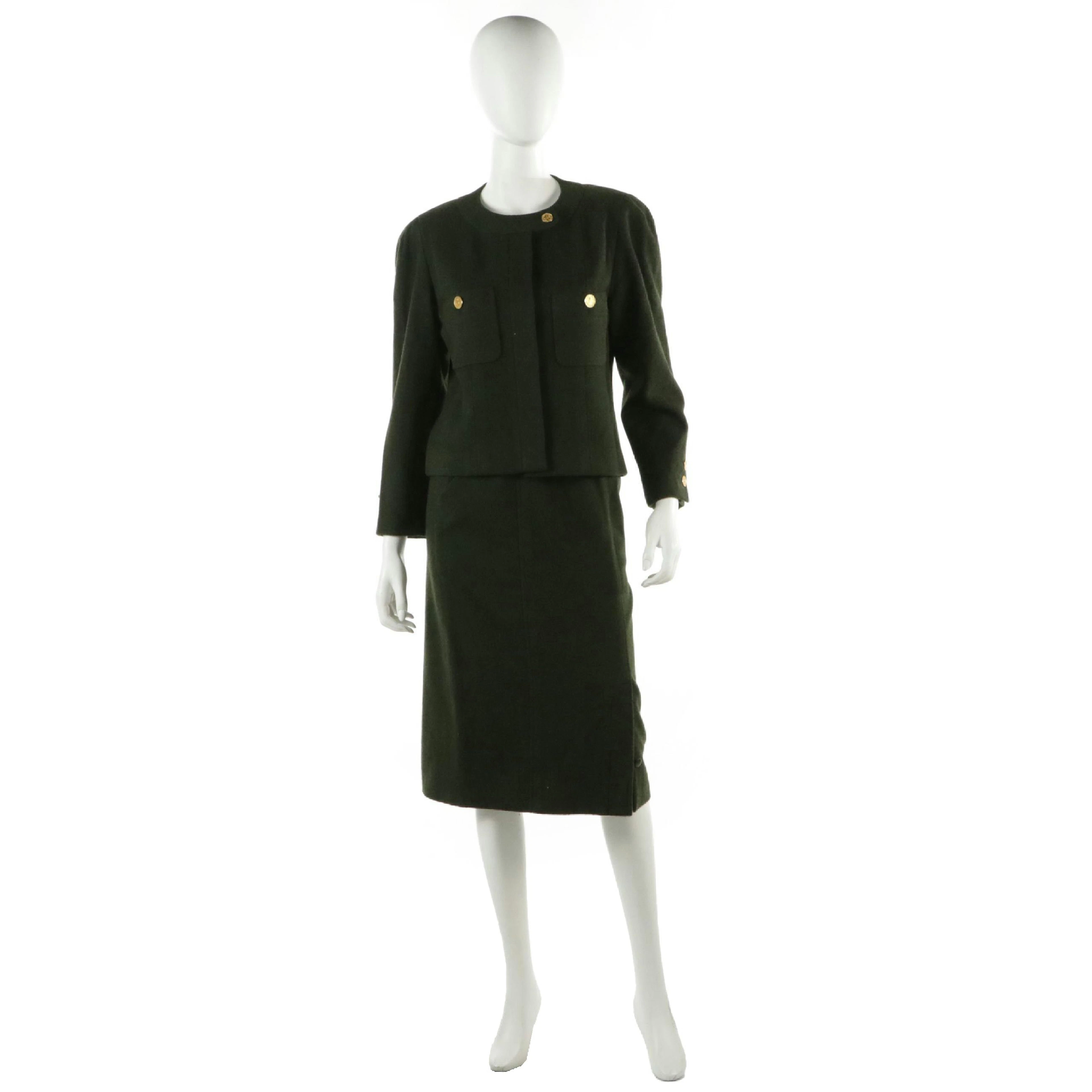 Chanel Vintage Cropped Jacket Skirt Suit in Army Green Wool