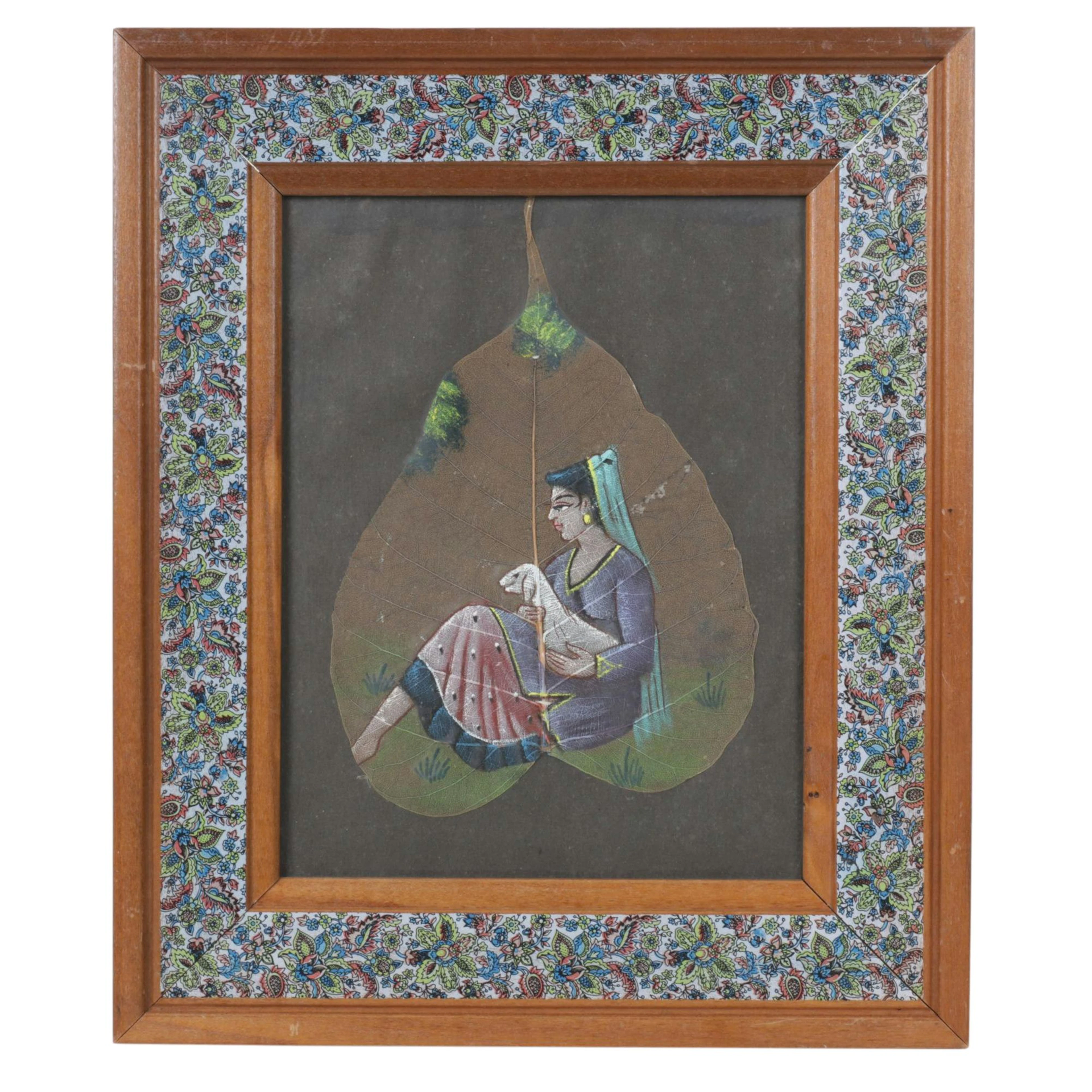 Hand Painted Portrait of Persian Woman with Lamb on Dried Peepal Leaf