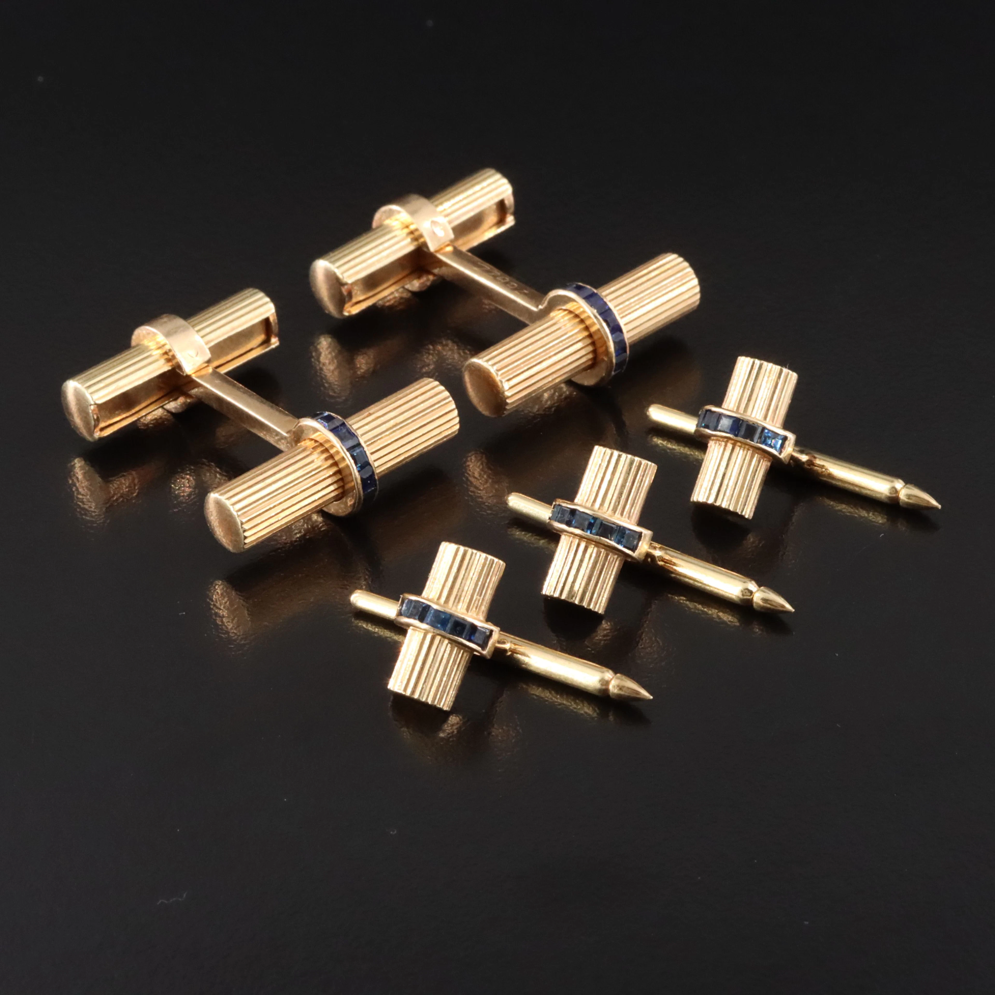 Vintage Tiffany & Co. 14K Sapphire Fluted Cufflinks and Shirtpins