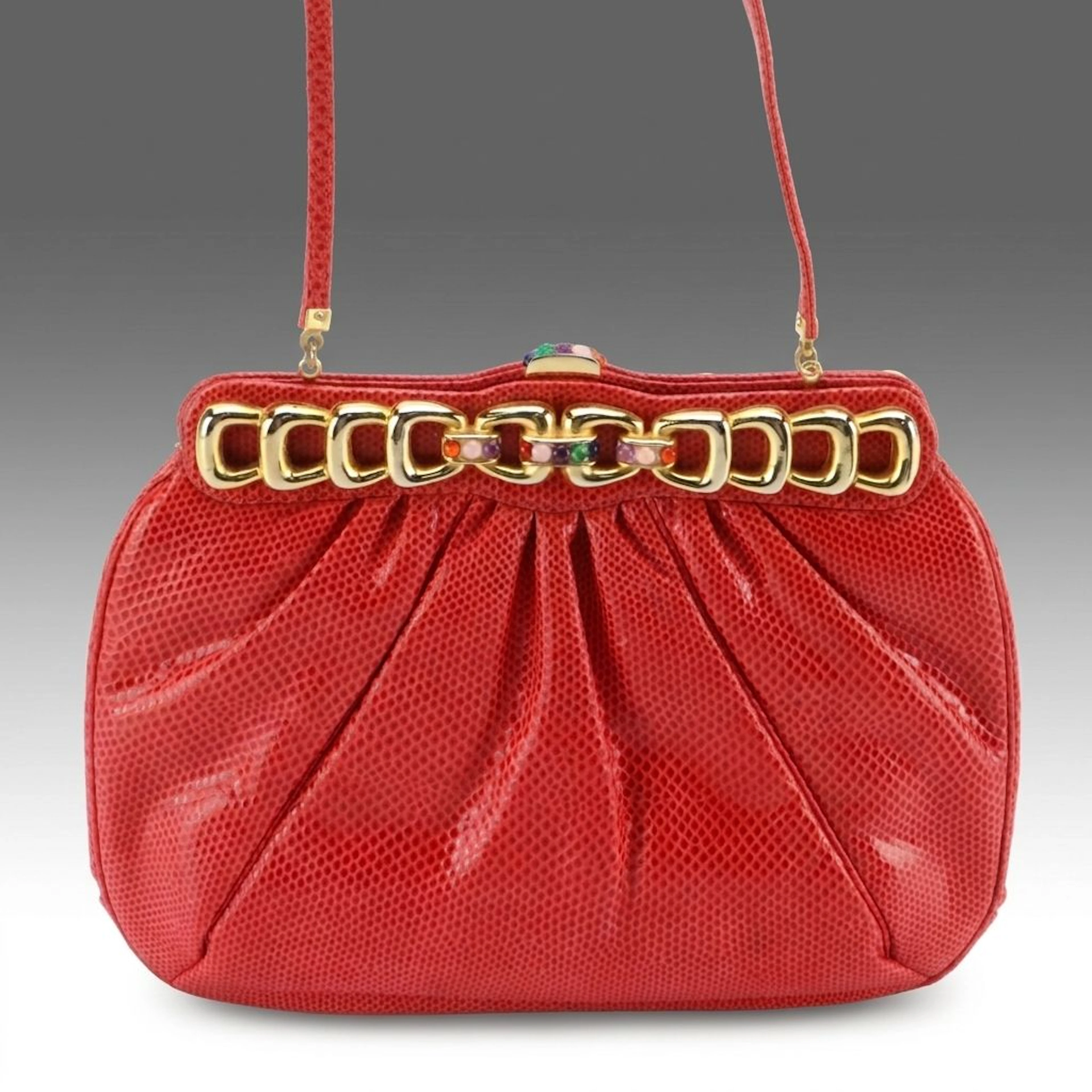 Judith Leiber Red Lizard Skin Gold Gemstone Framed Evening Bag
