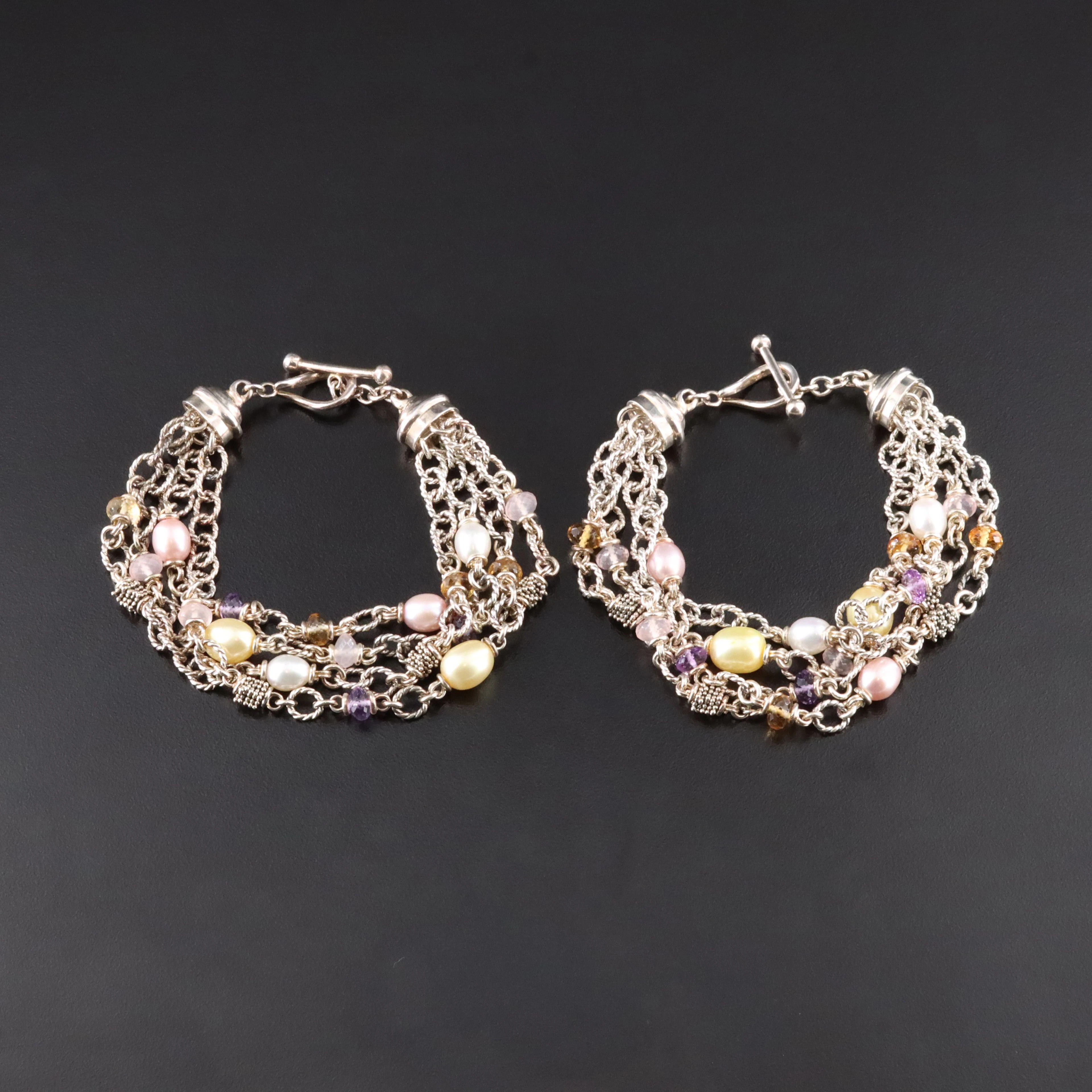 Michael Dawkins Sterling Torsade Bracelets Featuring Pearl and Amethyst