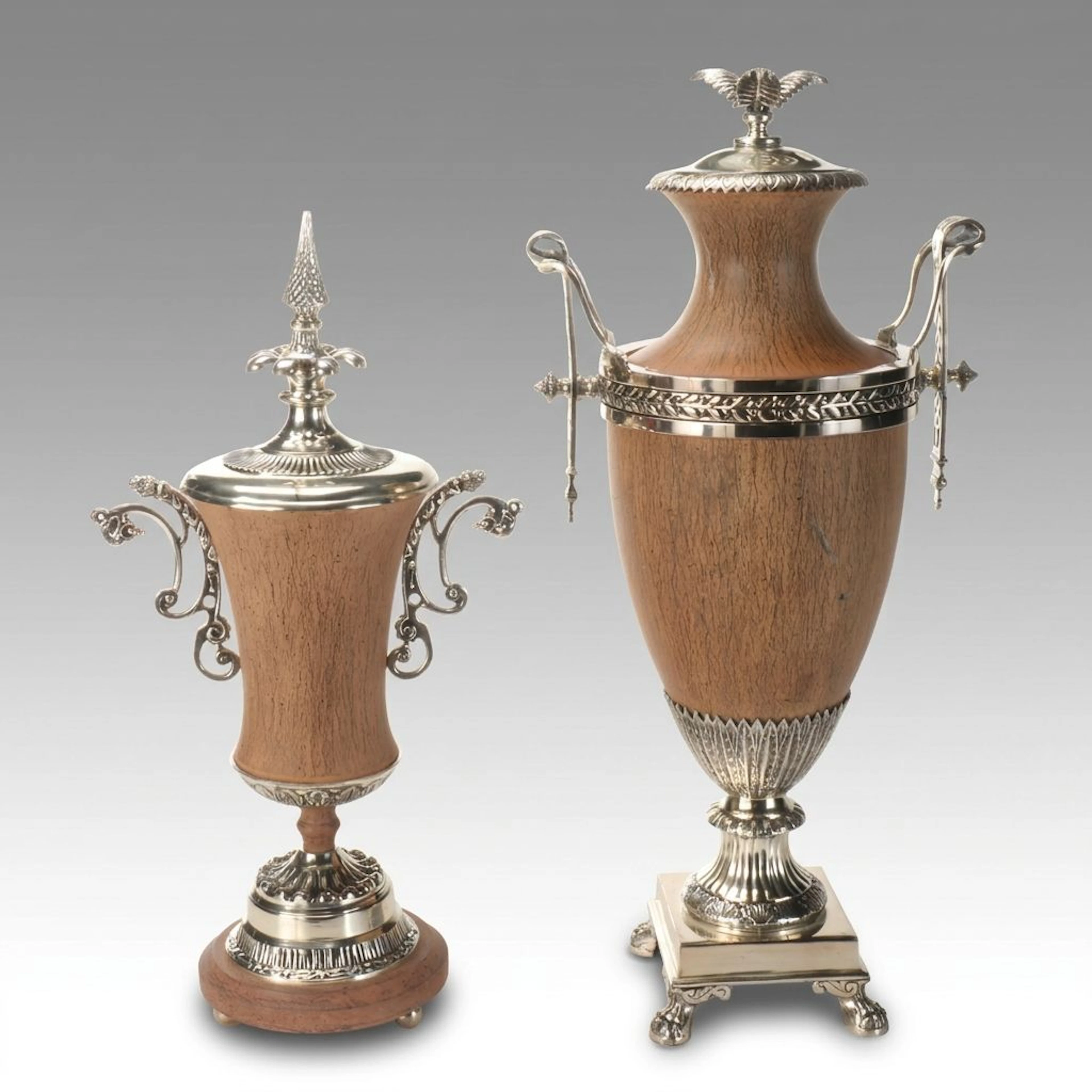 Neoclassical Style Faux Wood and Metal Urns, 21st Century