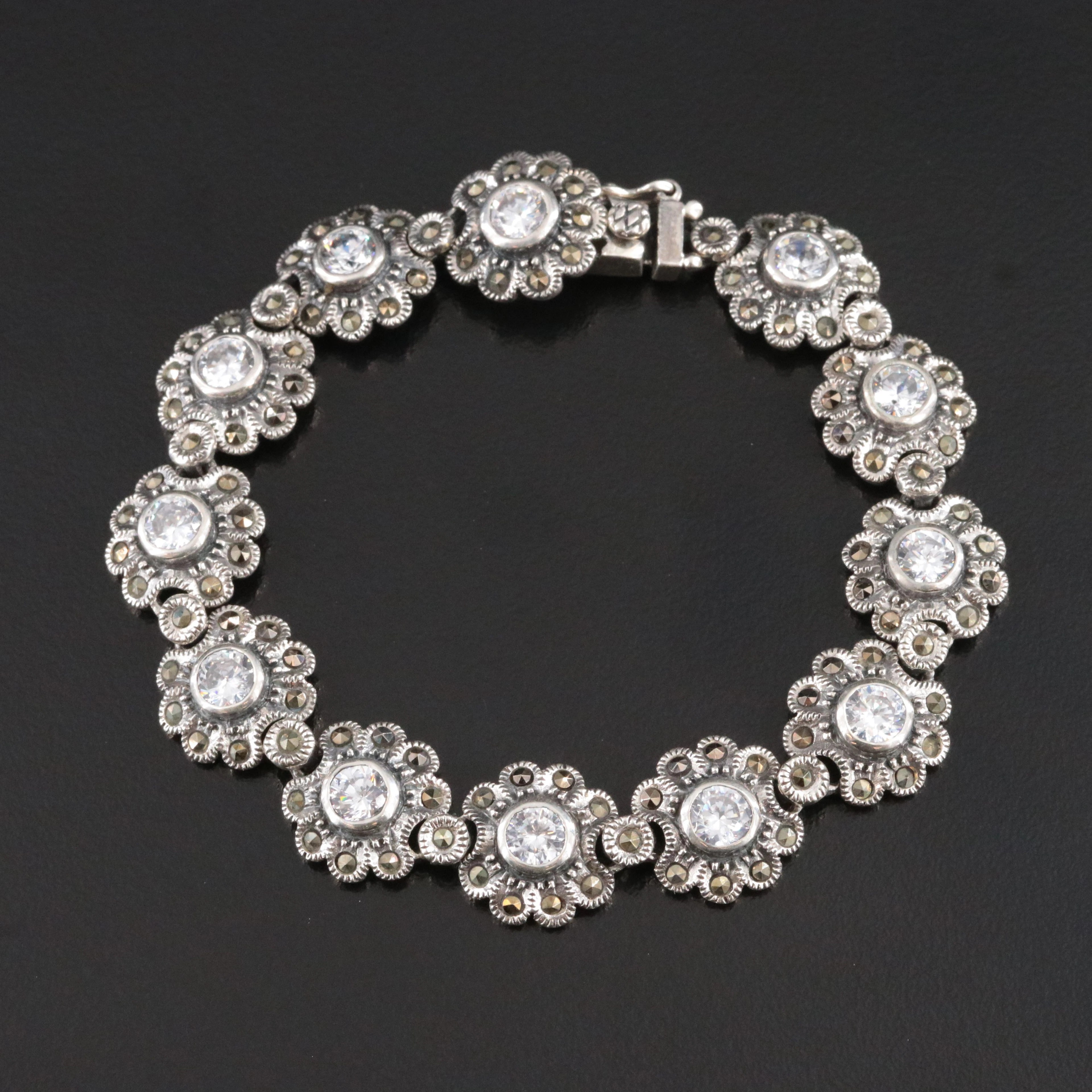 Sterling CZ and Marcasite Floral Link Bracelet