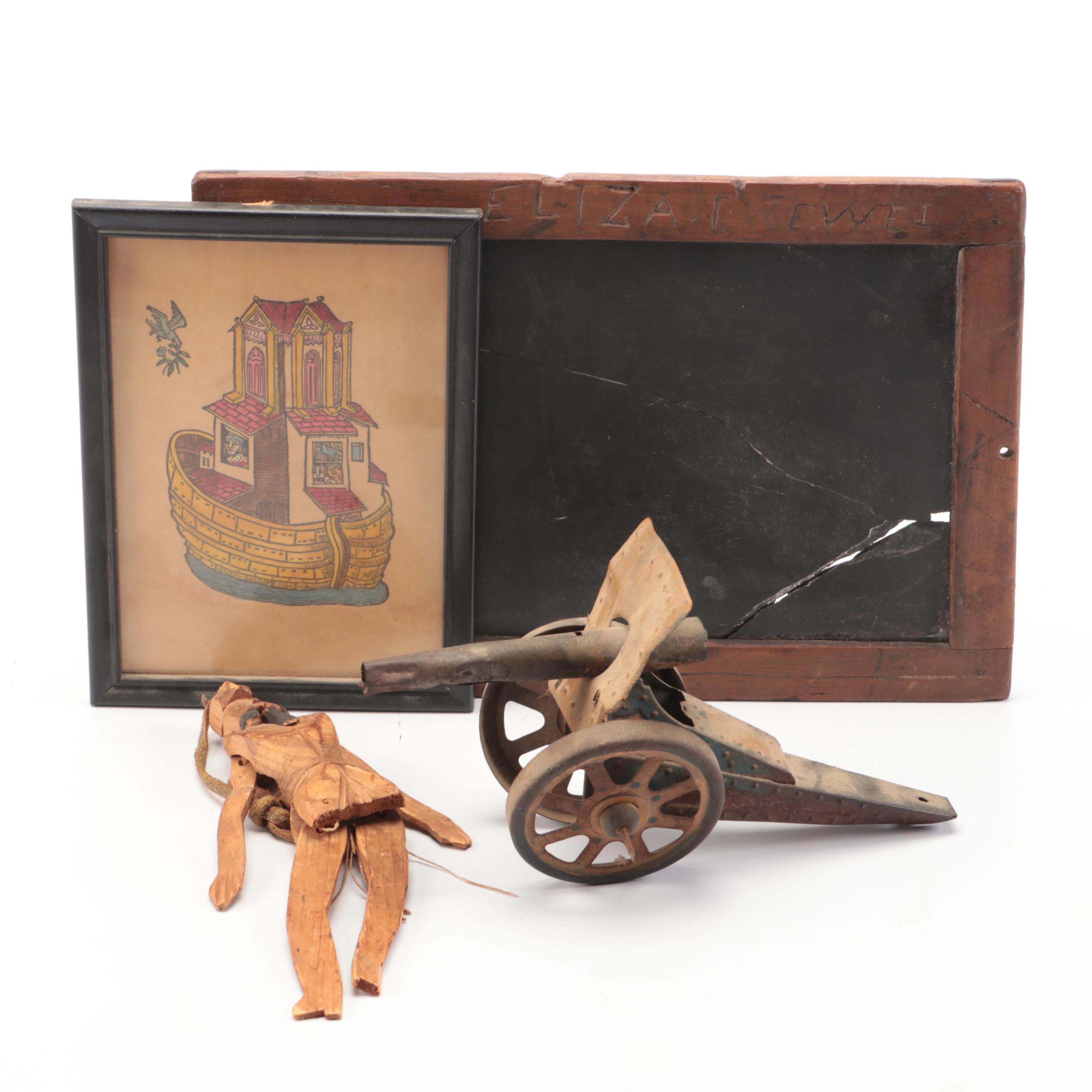 Primitive Noah's Ark Print, Pull-String Doll, Antique Slate Board