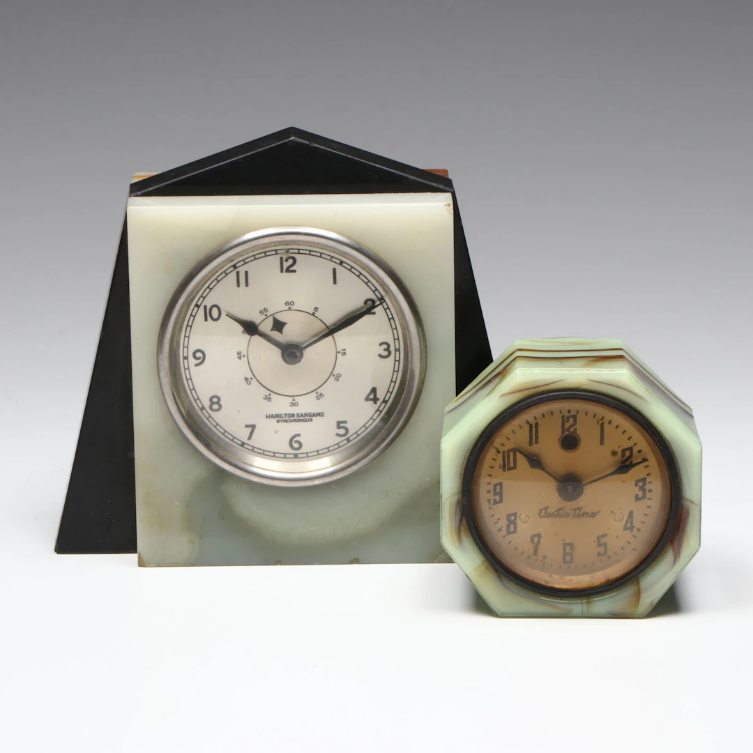 Cadillac "Electric Time" Uranium Slag Glass Desk Clock with Other Stone Clock