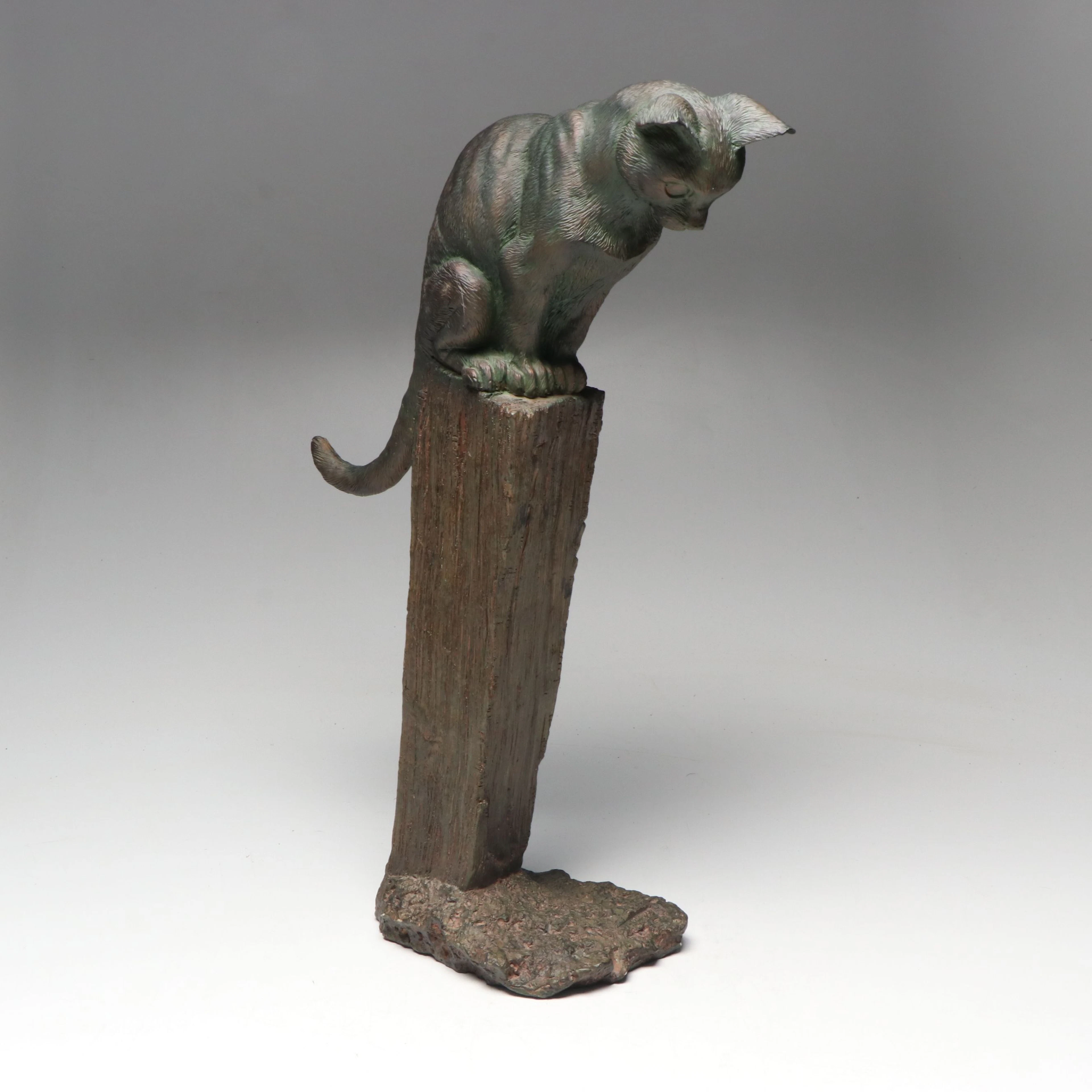 Chrisdon Cat Perched on Tree Stump Resin Sculpture