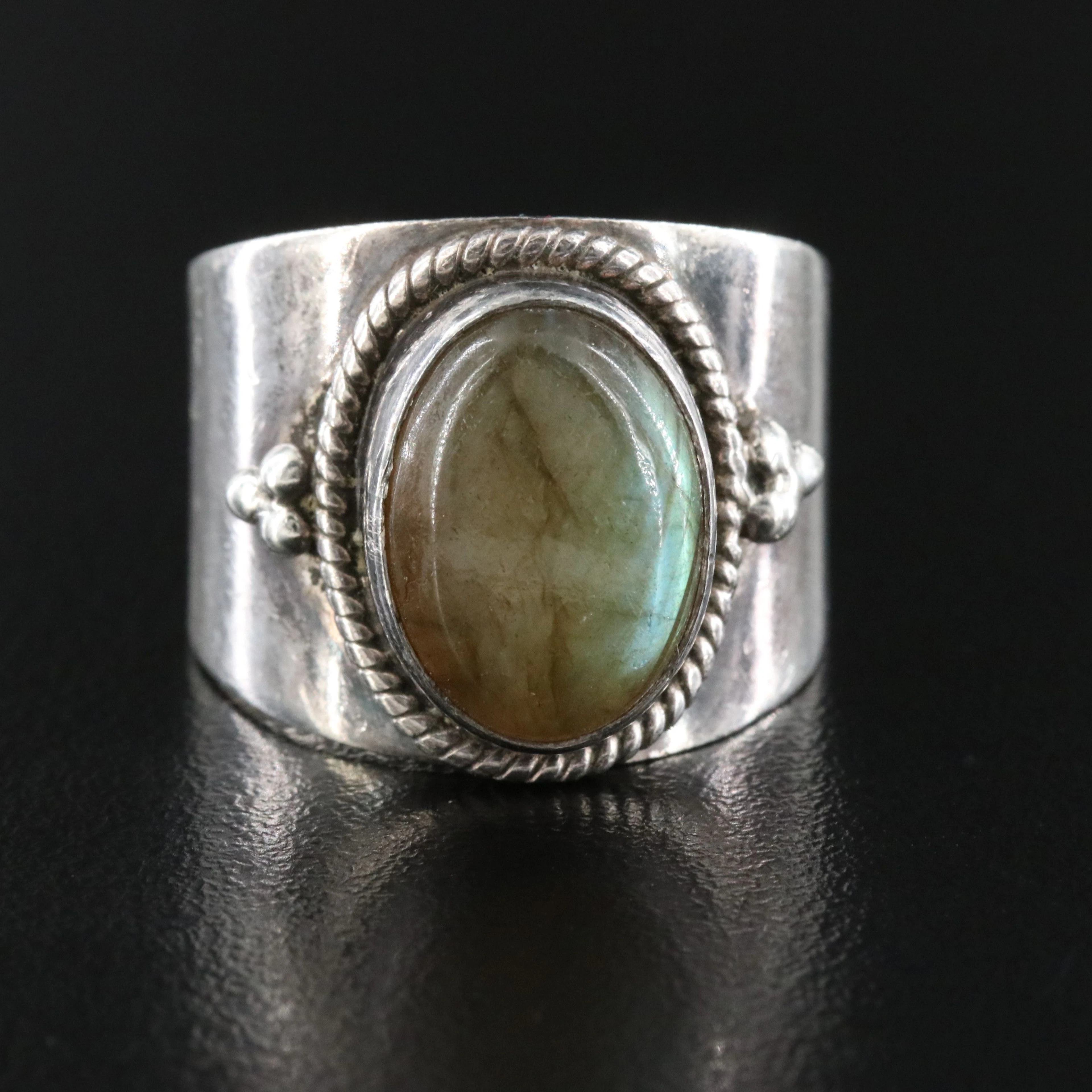 Sterling Labradorite Ring with Braided Frame and Granulated Accents