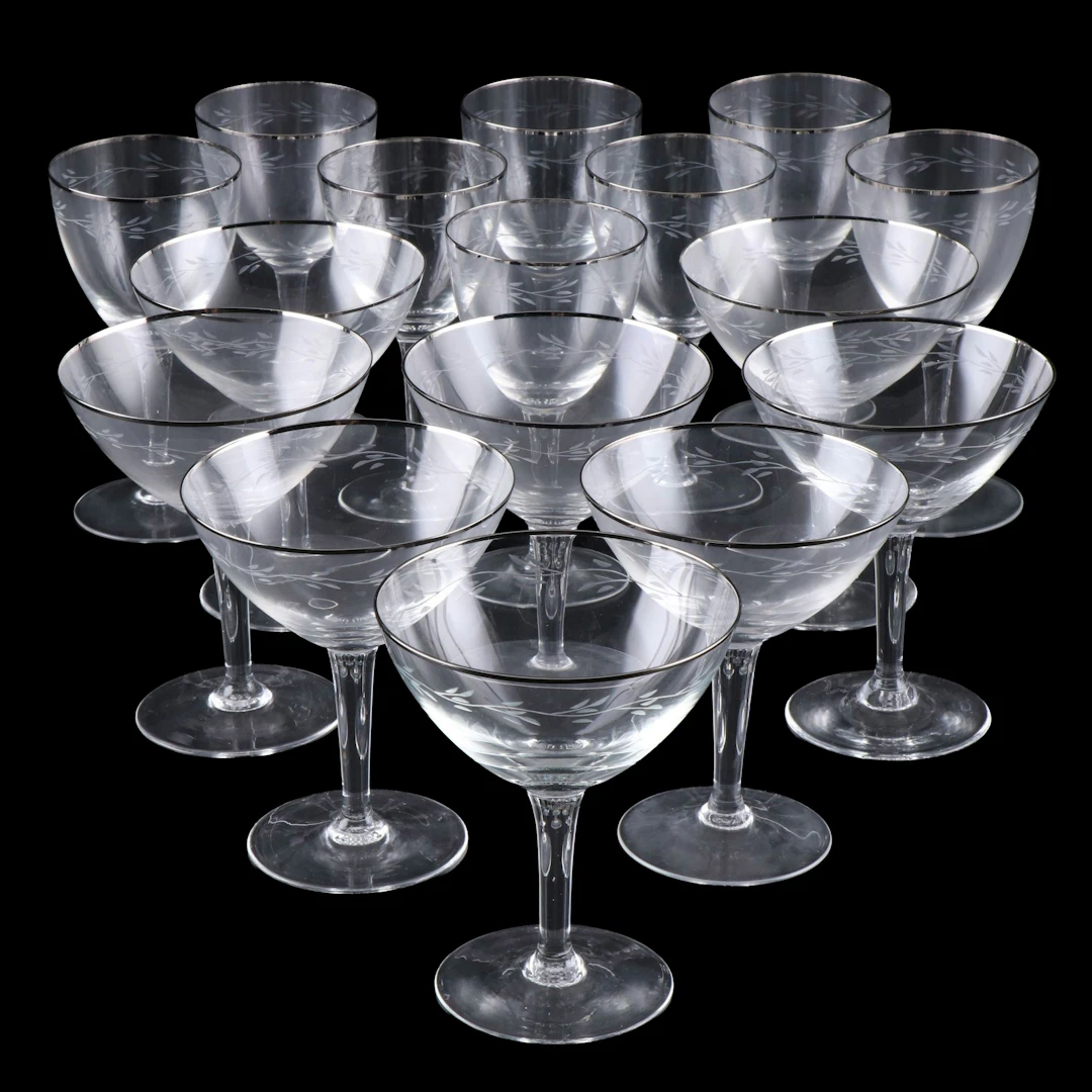 Art Deco Style Silver Rim Etched Glass Coupes and Cocktail Glasses, Mid-20th C.