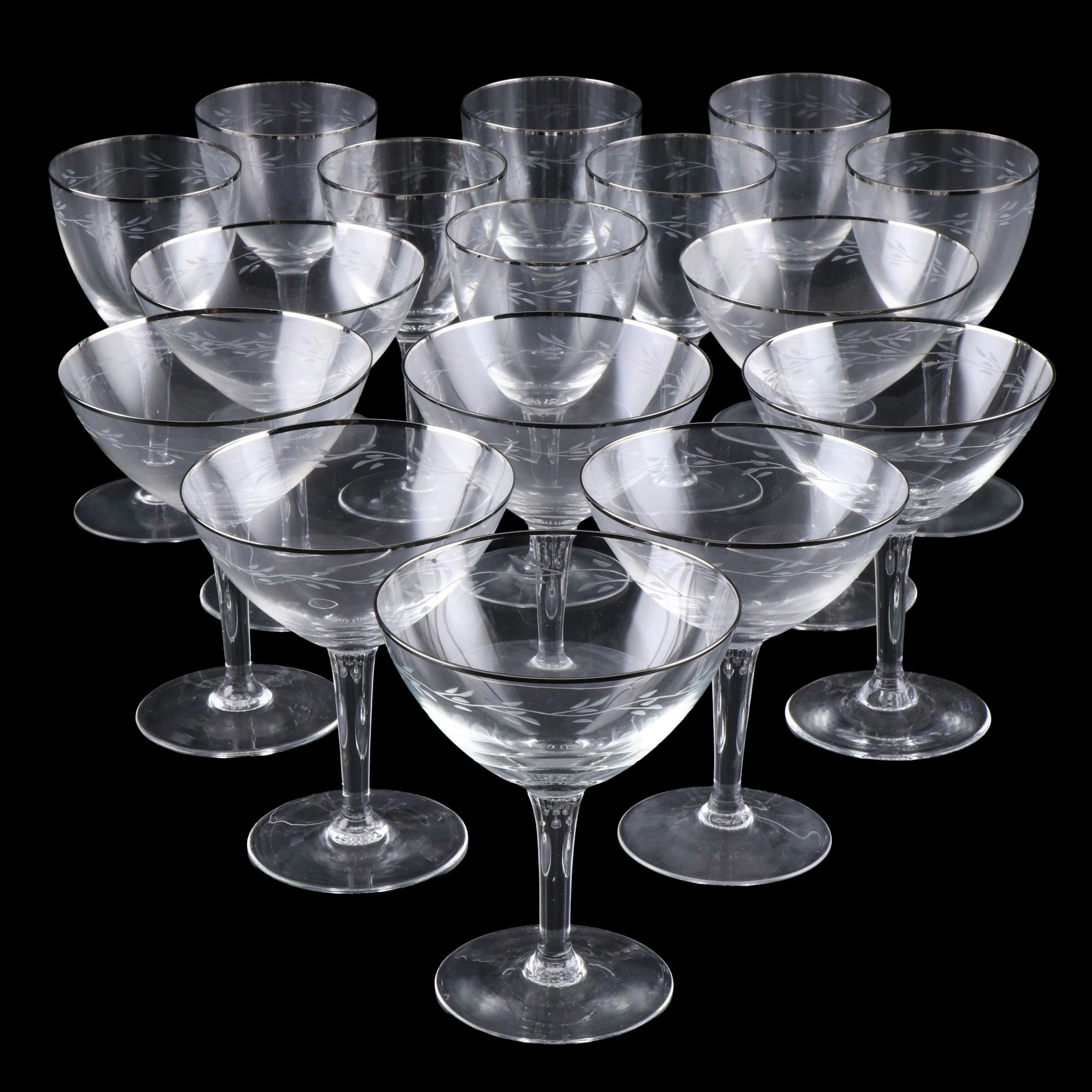 Art Deco Style Silver Rim Etched Glass Coupes and Cocktail Glasses, Mid-20th C.