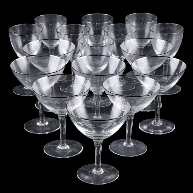 Art Deco Style Silver Rim Etched Glass Coupes and Cocktail Glasses, Mid-20th C.