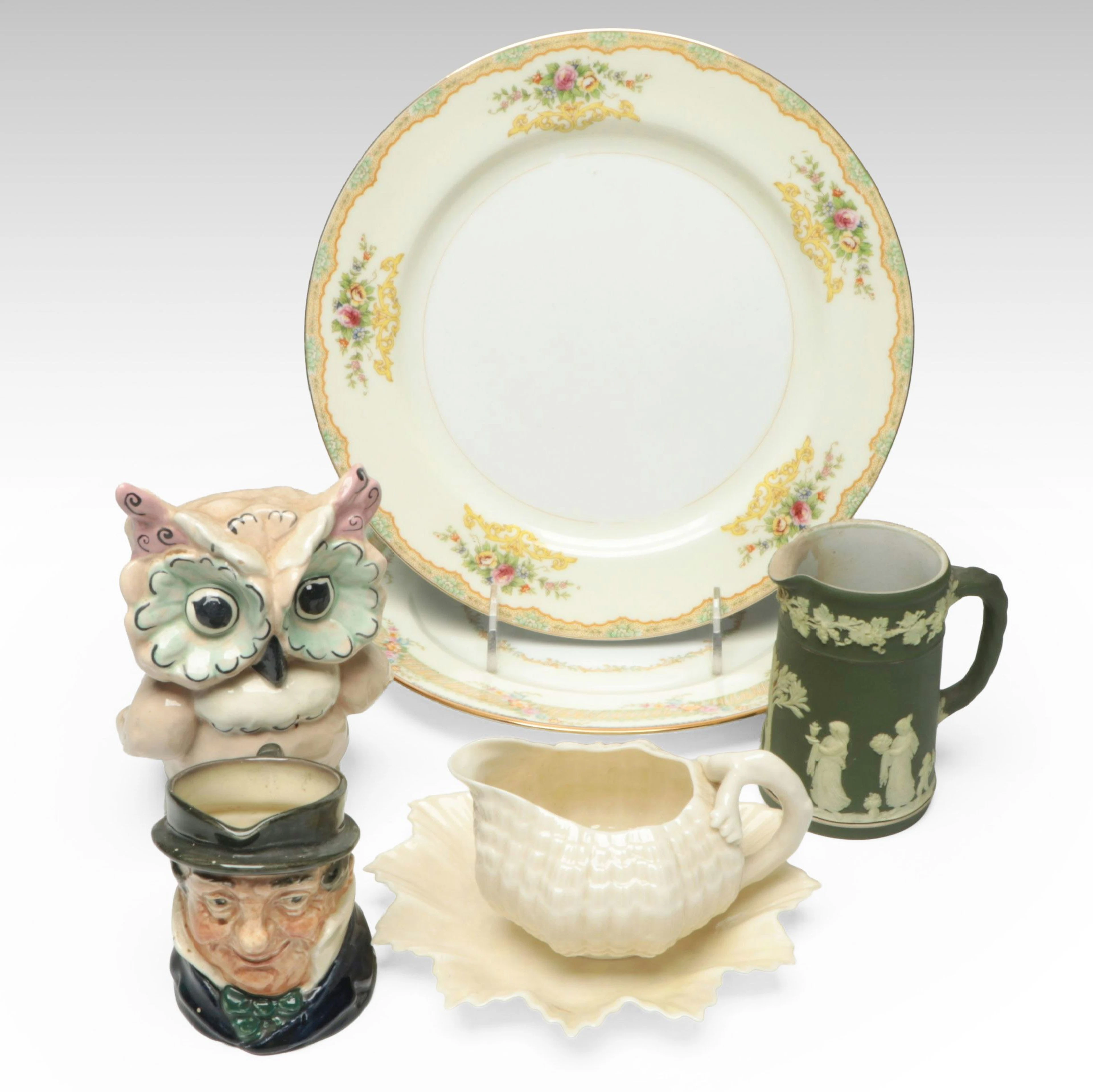 Belleek Ceramic Creamer and Dish with Wedgwood Pitcher and Other Tableware