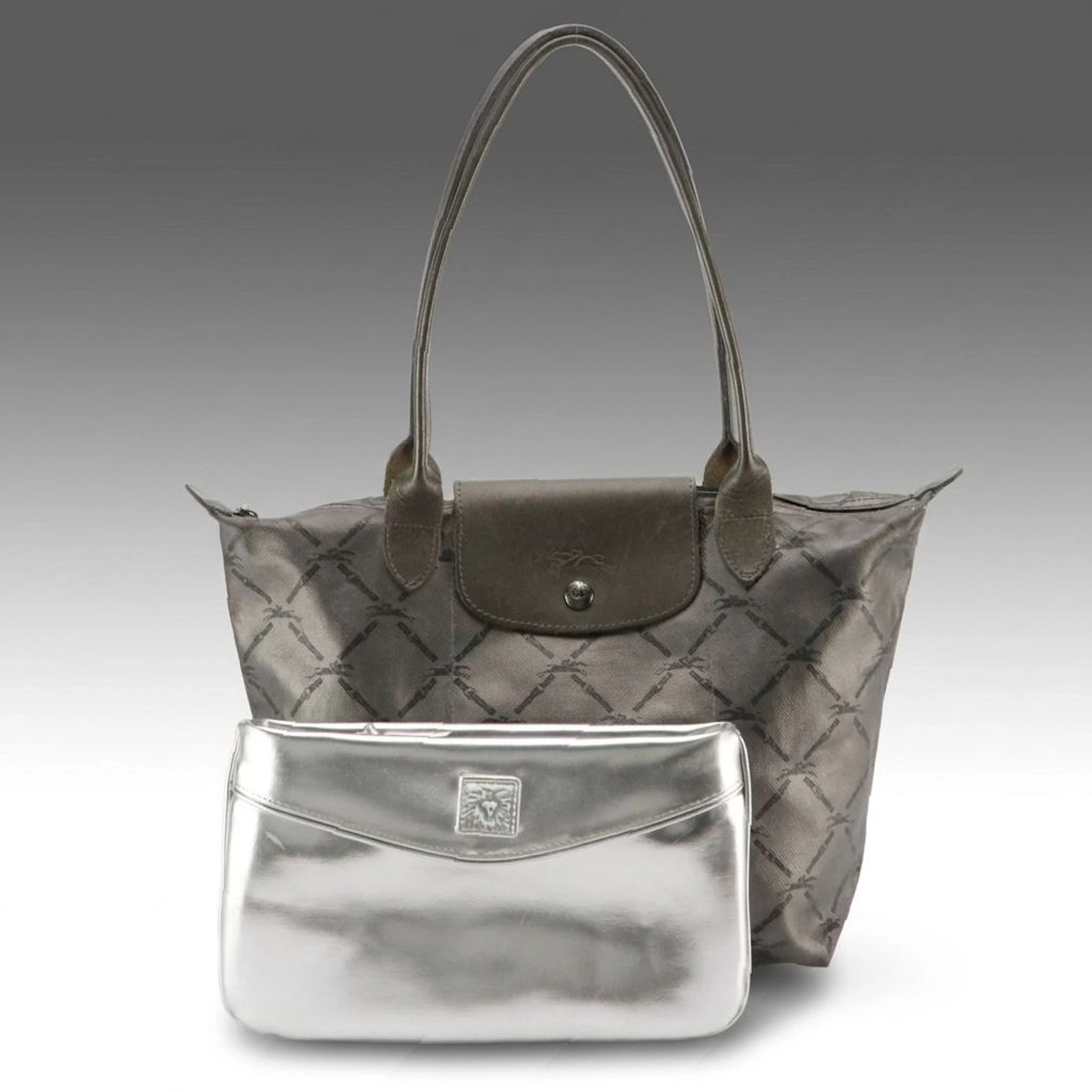 Longchamp Coated Canvas Handbag, Anne Klein Silver PVC Zip Pouch