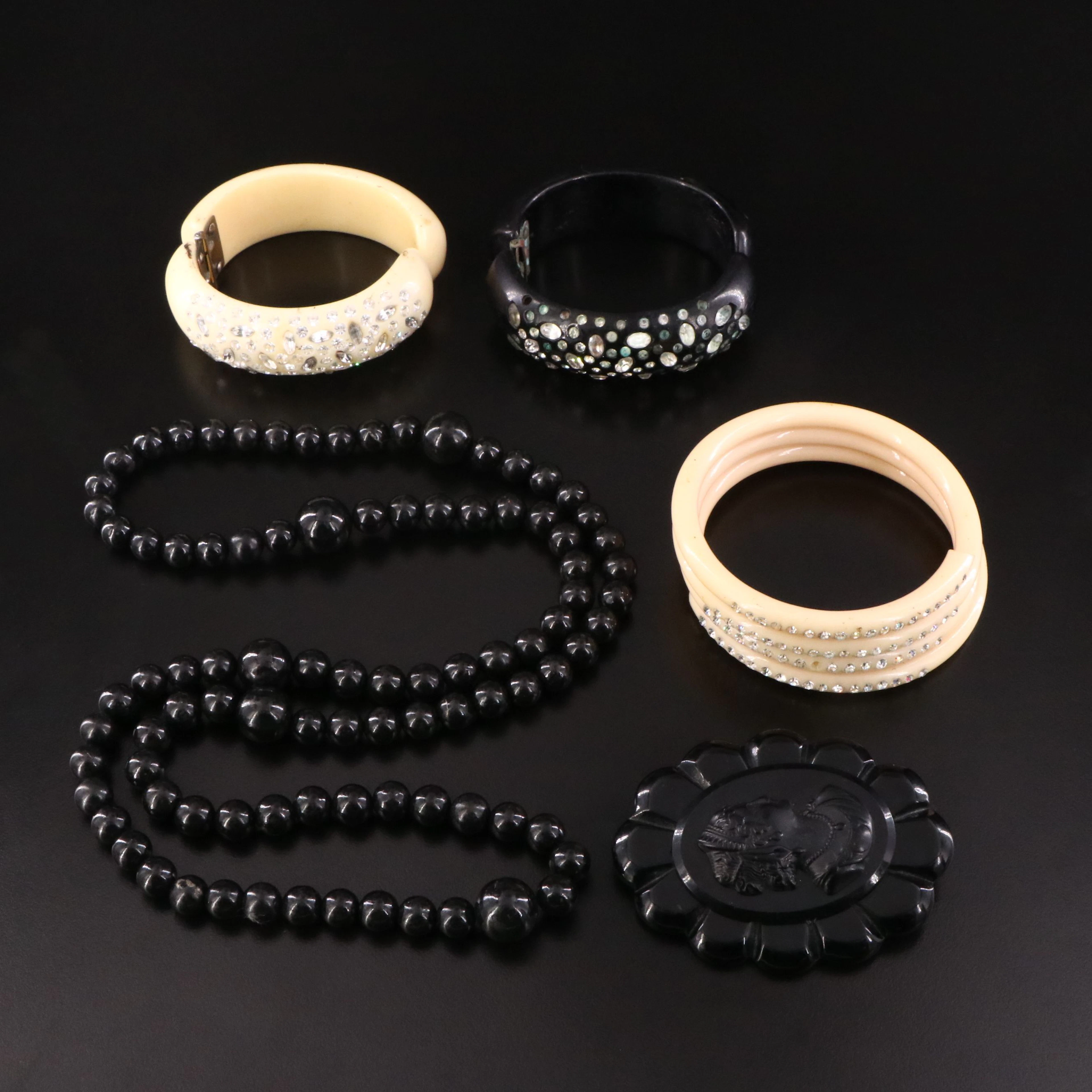 Vintage Rhinestone Clamper & Wrap Bracelets, Necklace and Hemacite Cameo Brooch