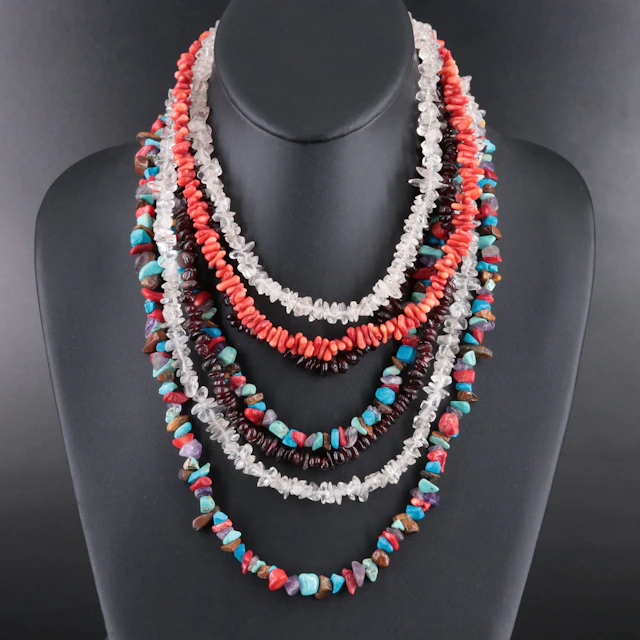 Bead Necklaces Including Coral, Tiger's Eye and Amethyst