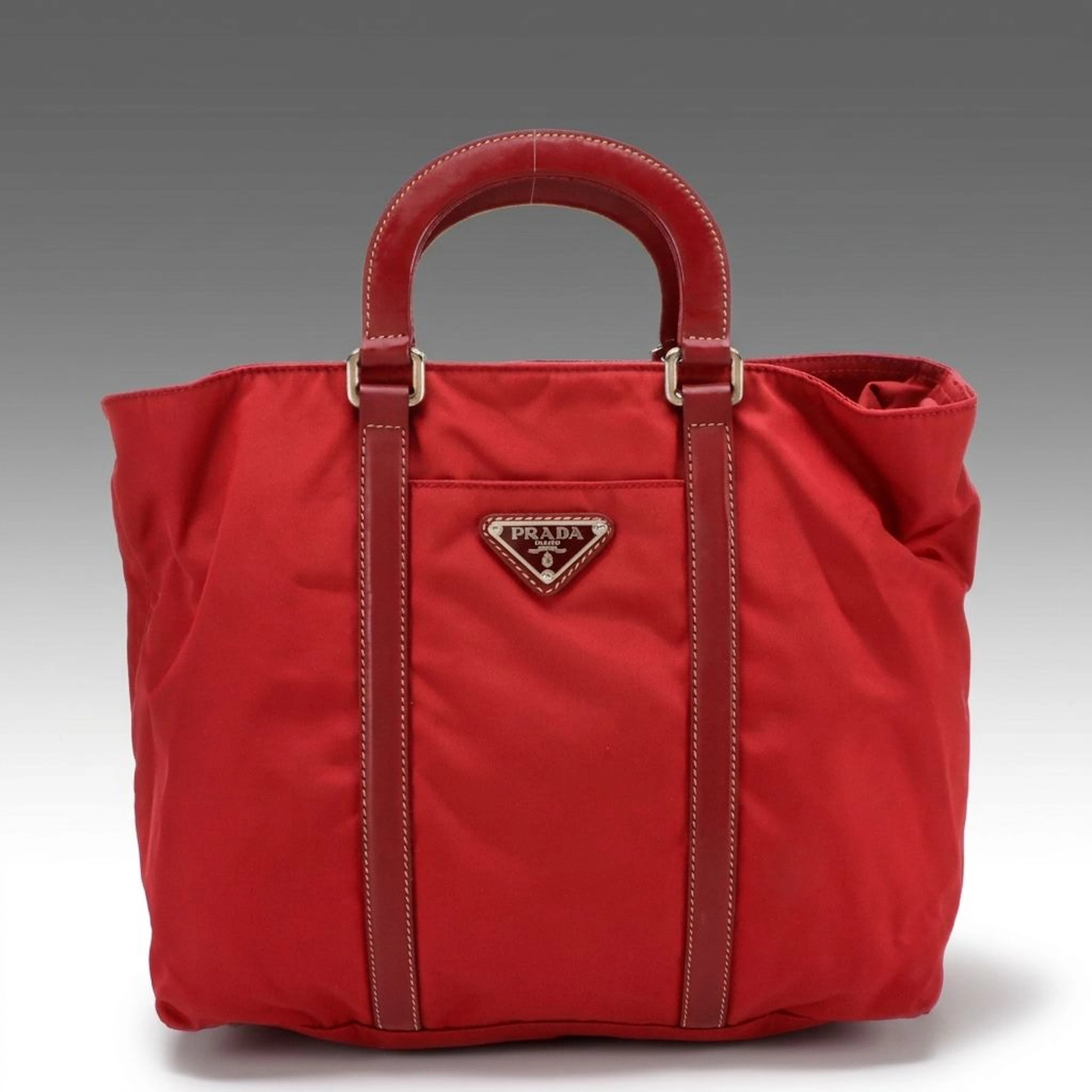 Prada Red Tessuto Nylon and Leather Triangular Logo Two-Way Tote Bag