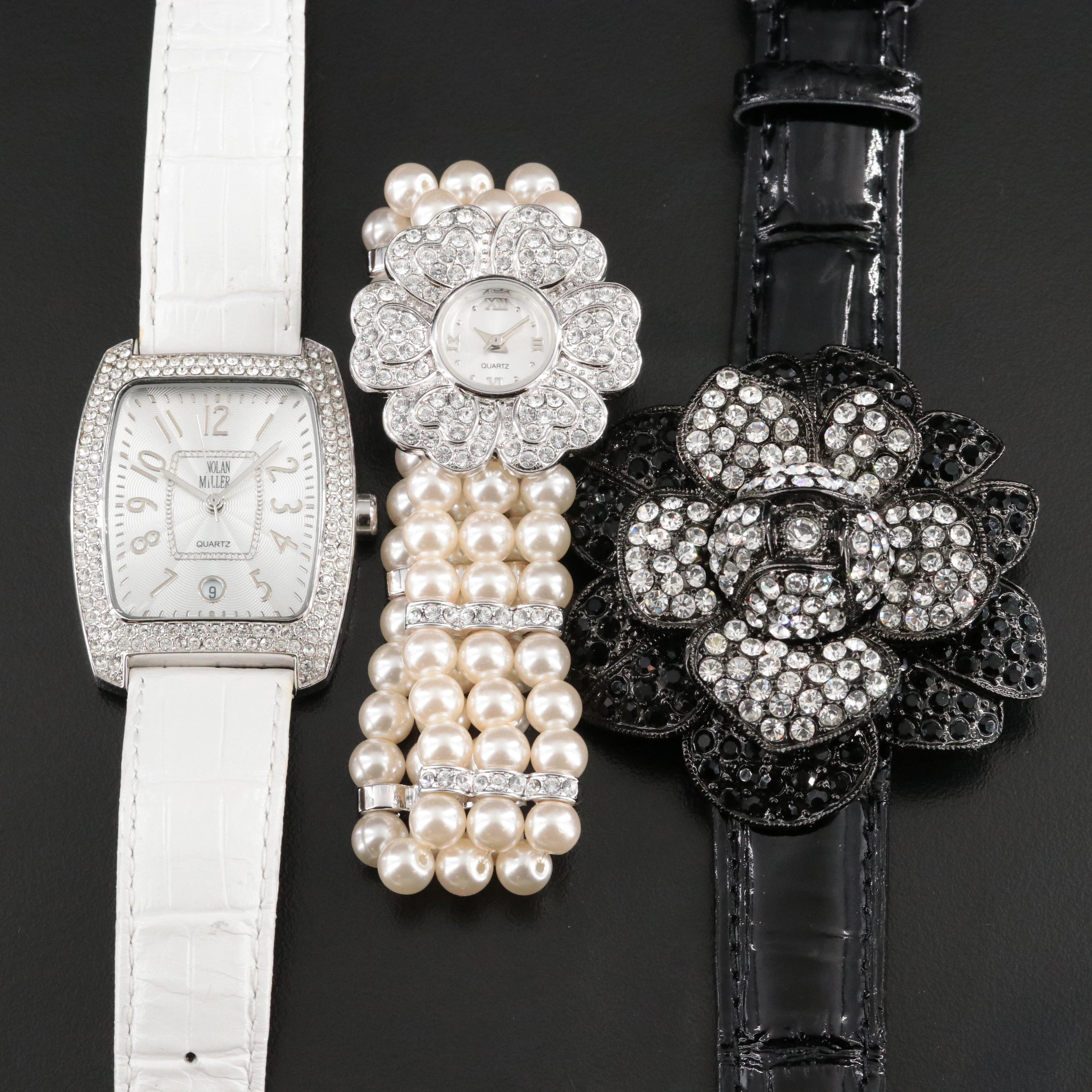Nolan Miller and Joan Boyce Rhinestone and Faux Pearl Fashion Watches
