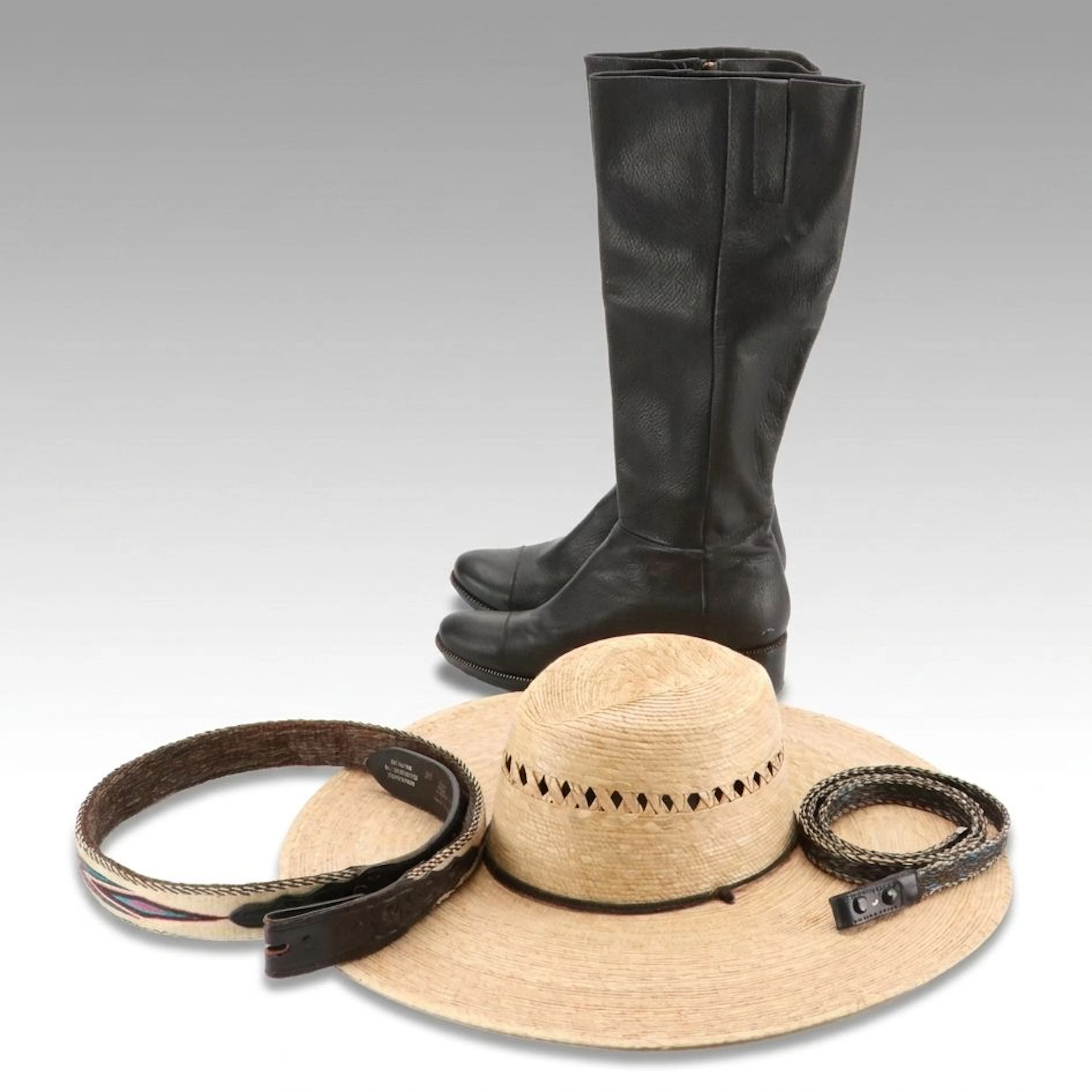 Cole Haan Tall Leather Nike Air Boots, Other Horsehair Belts and Straw Hat