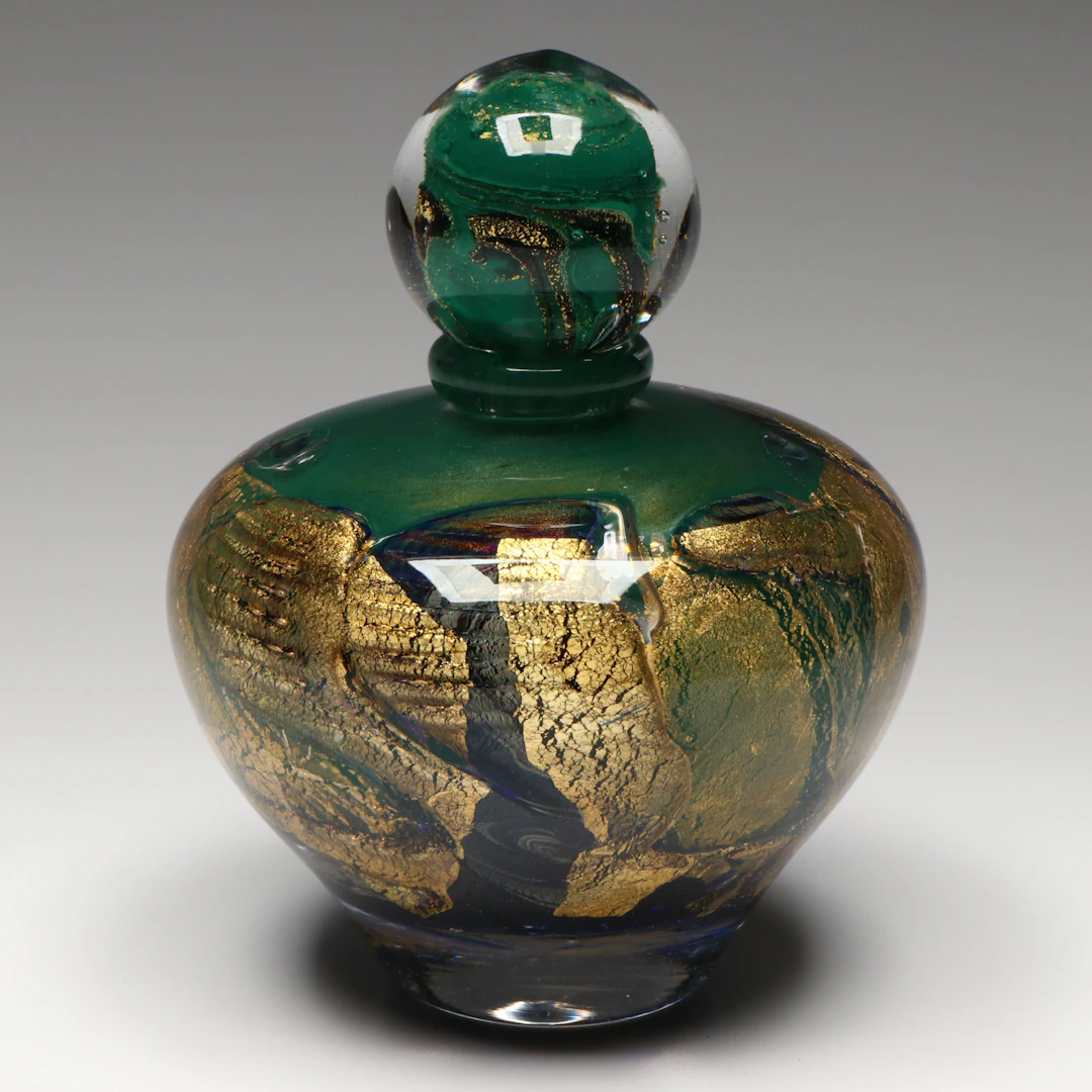 Jean Claude Novaro Green and Gold Leaf Blown Glass Flacon, 1996