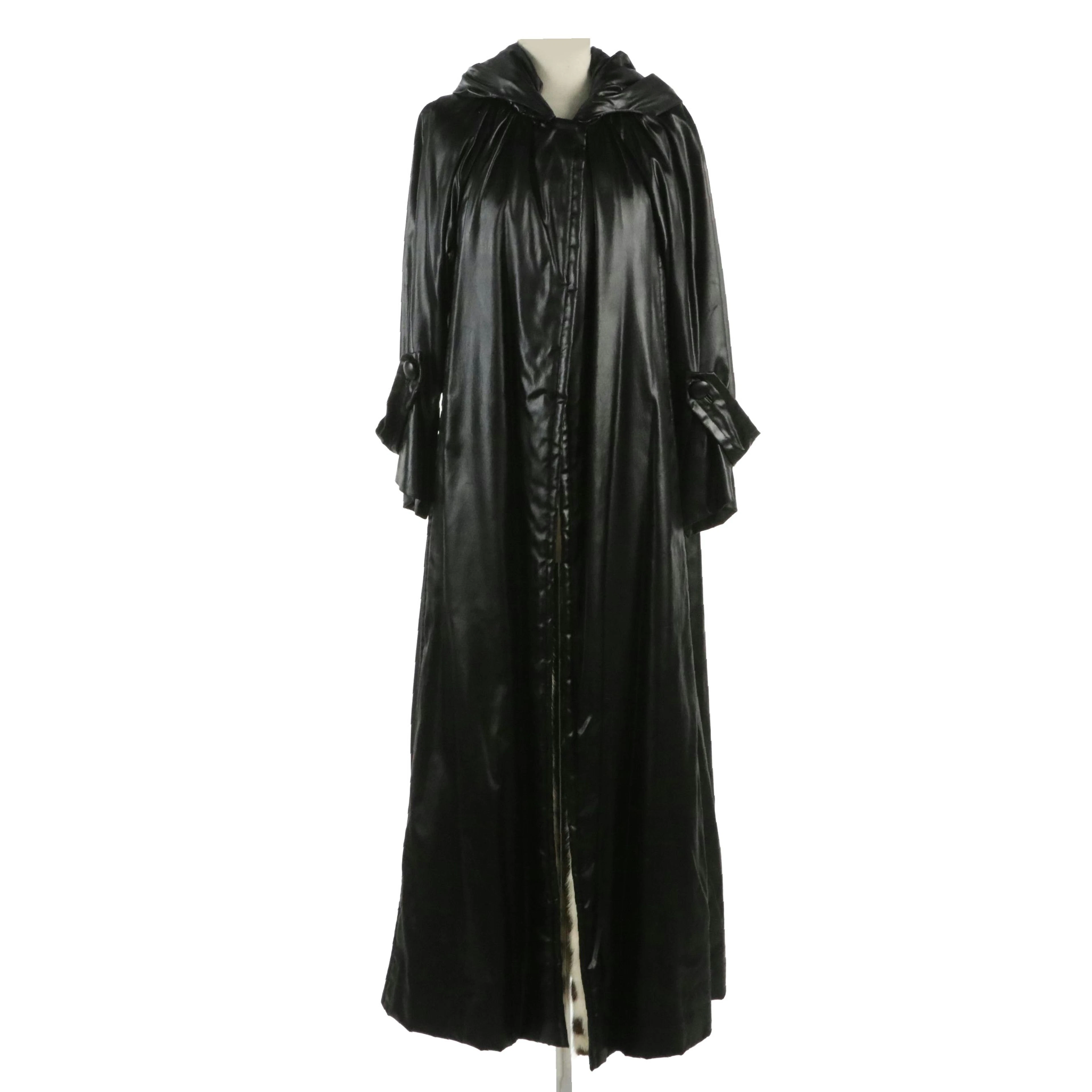 Hooded Opera Cape/Coat in Satin Textile with Checkerboard Mink Fur Lining
