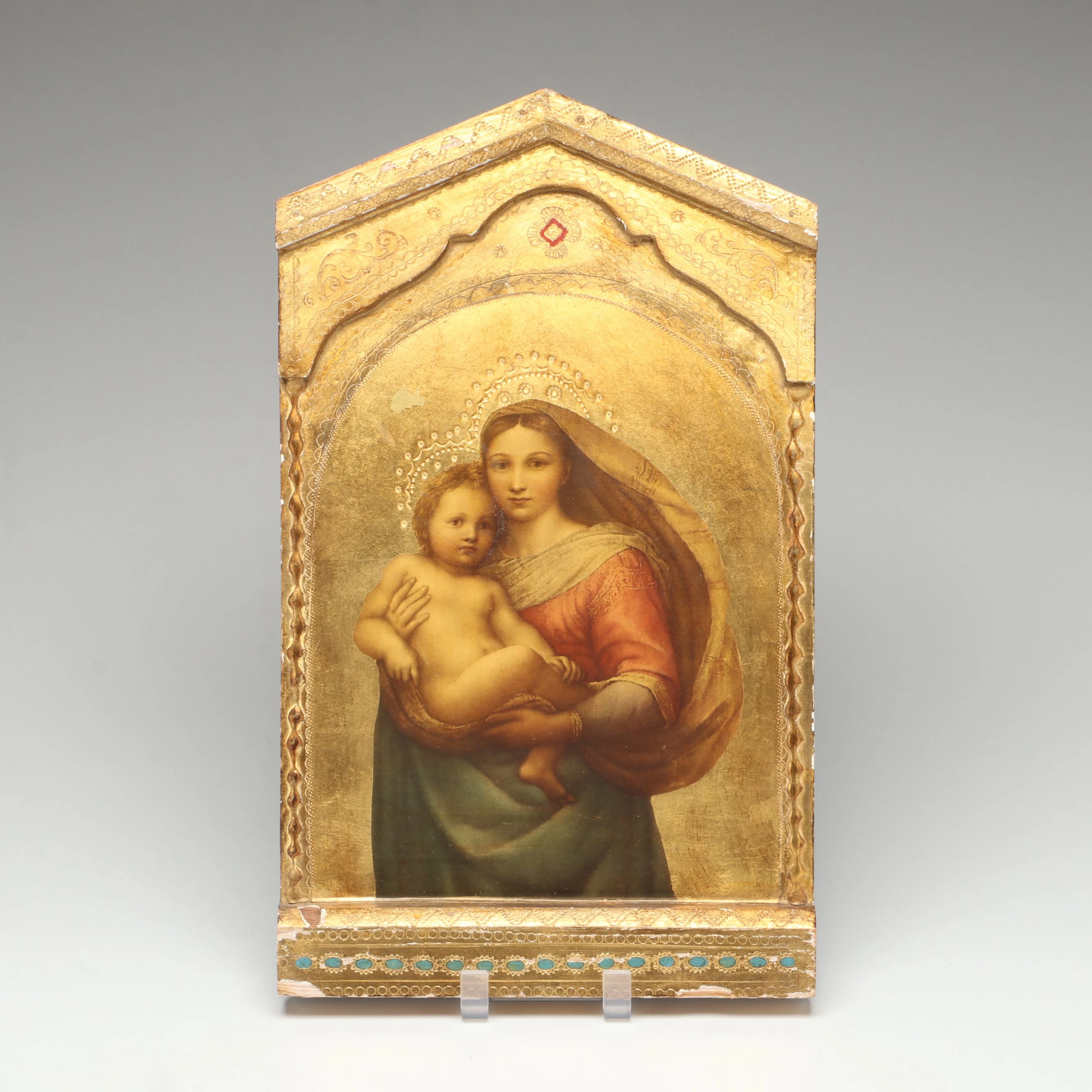 Italian Renaissance Style Gold Gilt Wood Panel After Raphael "Sistine Madonna"
