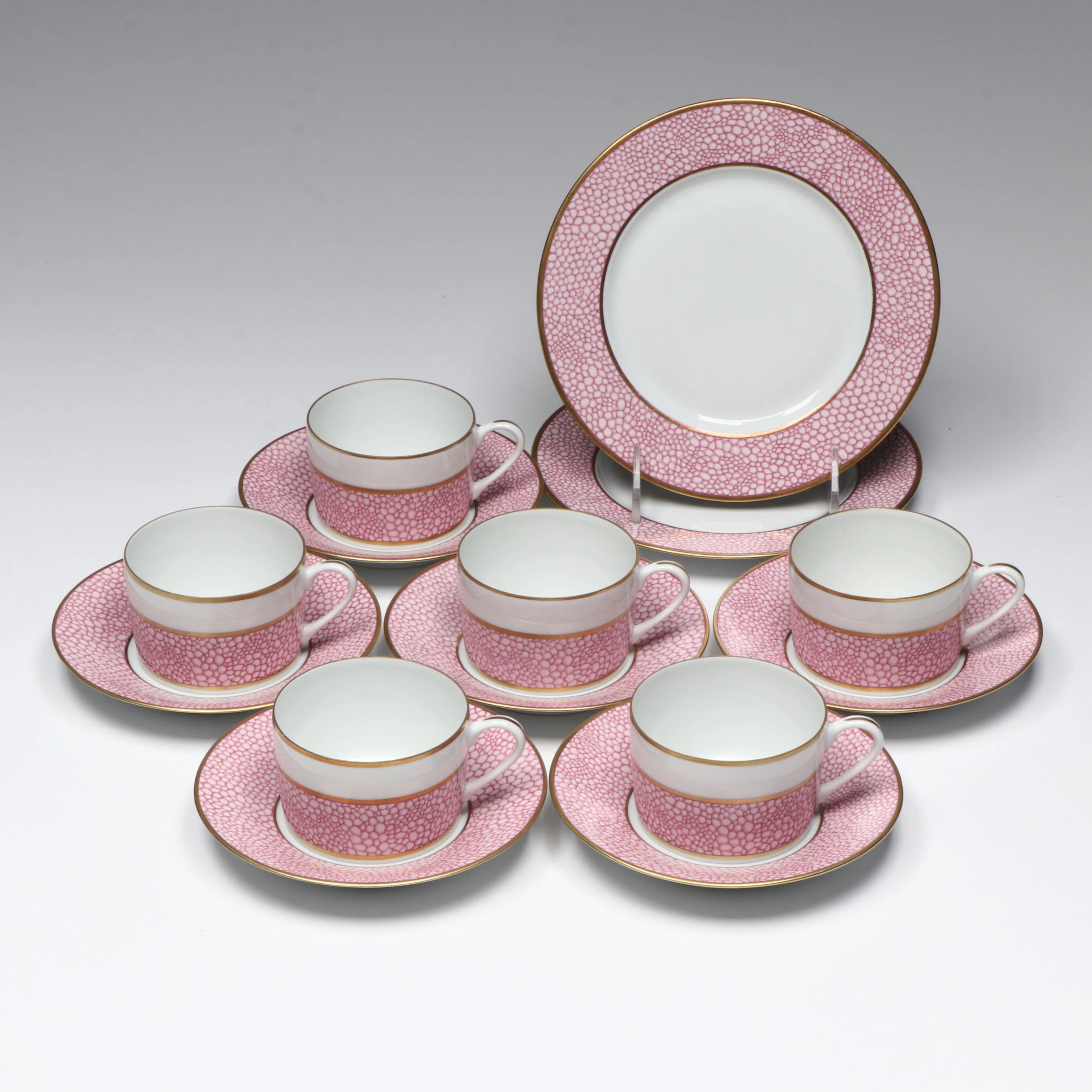 Puiforcat "Galuchat Pink" Porcelain Saucers, Cups and Salad Plates