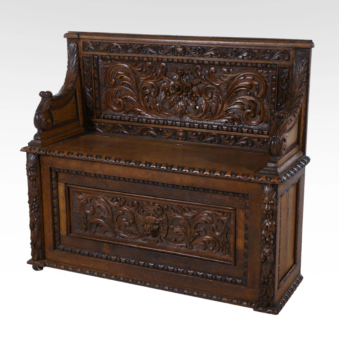 Renaissance Style Carved Oak Hall Bench with Underseat Storage, 19th Century