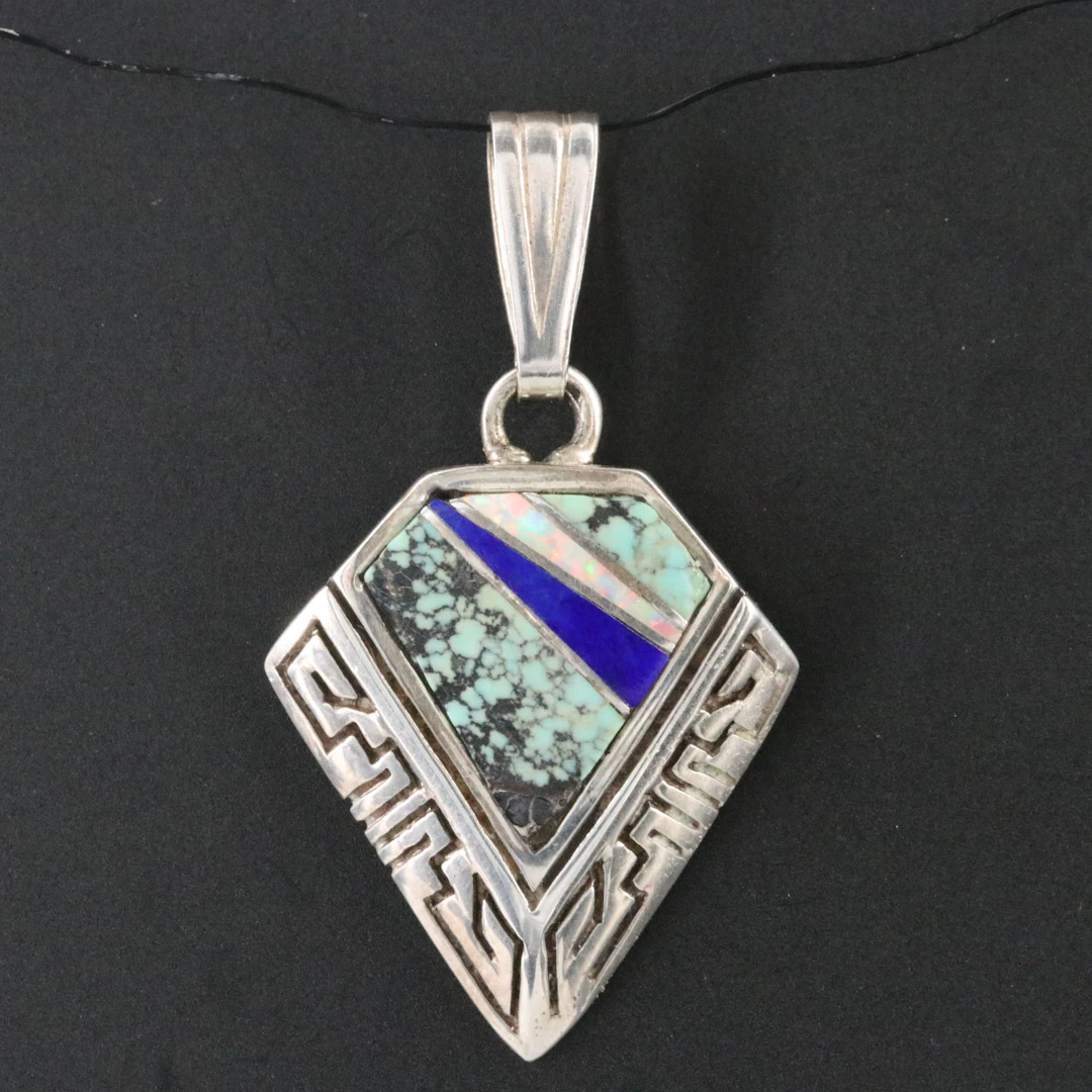 Calvin Begay Navajo Diné Turquoise, Lapis Lazuli, and Opal Inlay Pendant