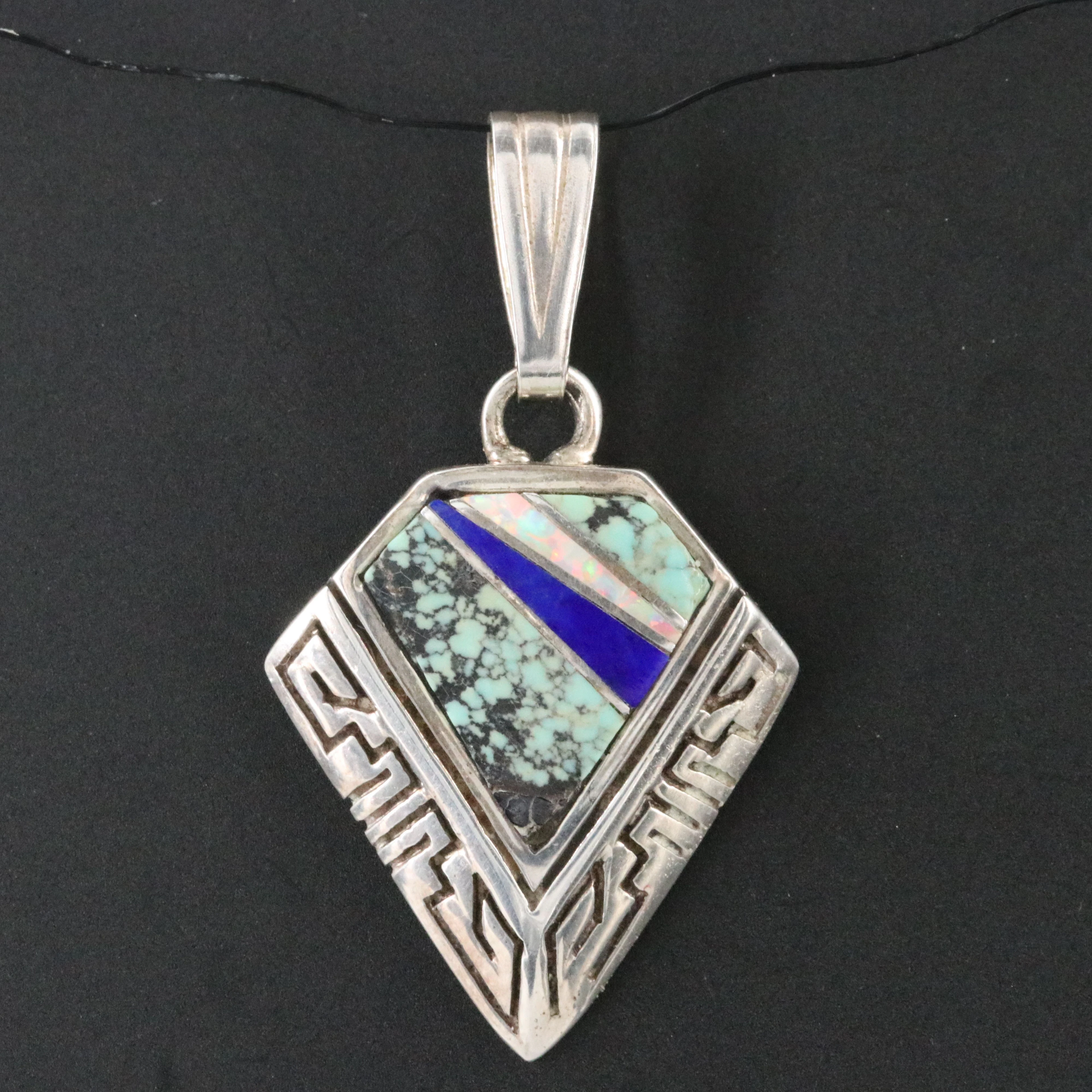 Calvin Begay Navajo Diné Turquoise, Lapis Lazuli, and Opal Inlay Pendant
