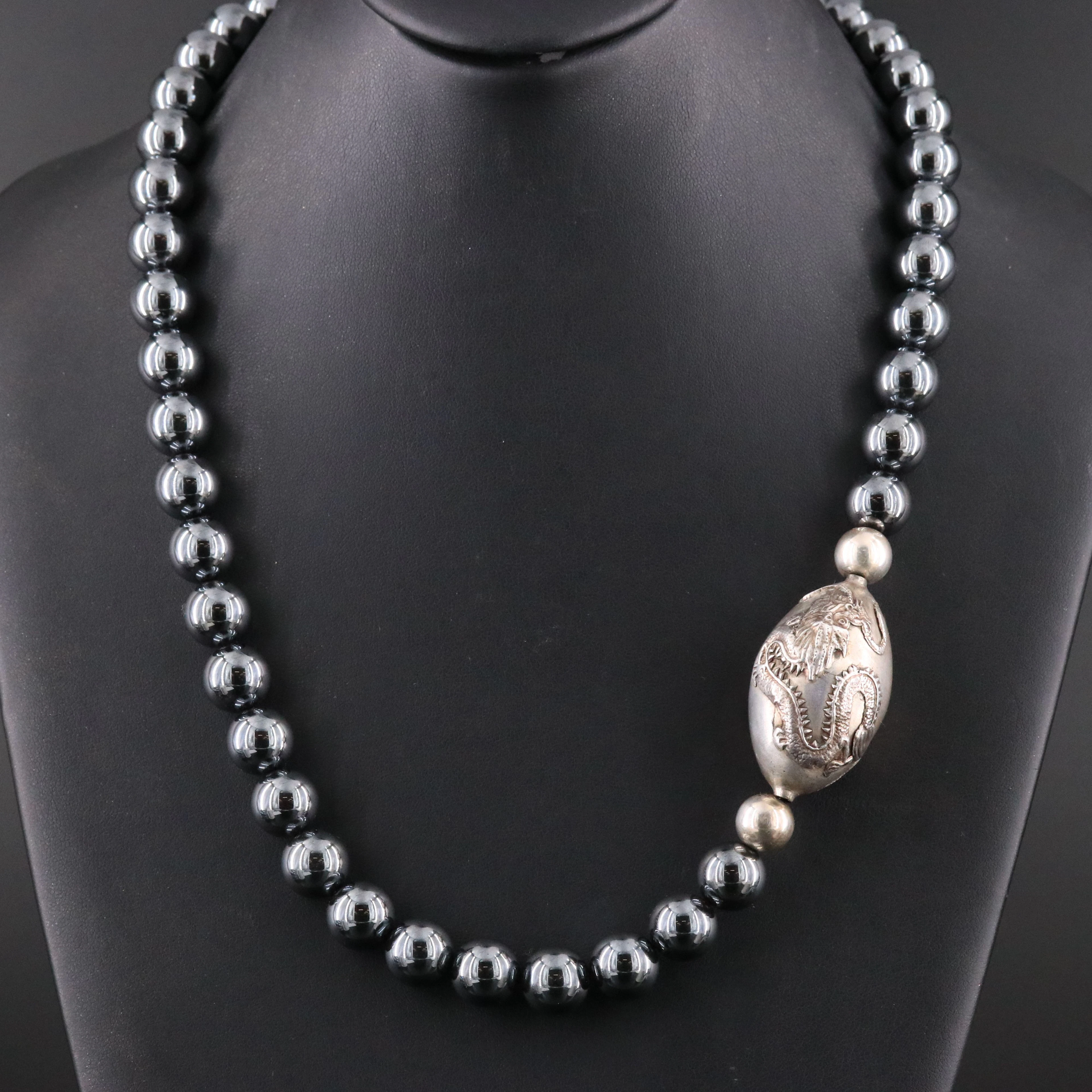 Sterling Eastern Dragon and Faux Hematite Bead Necklace