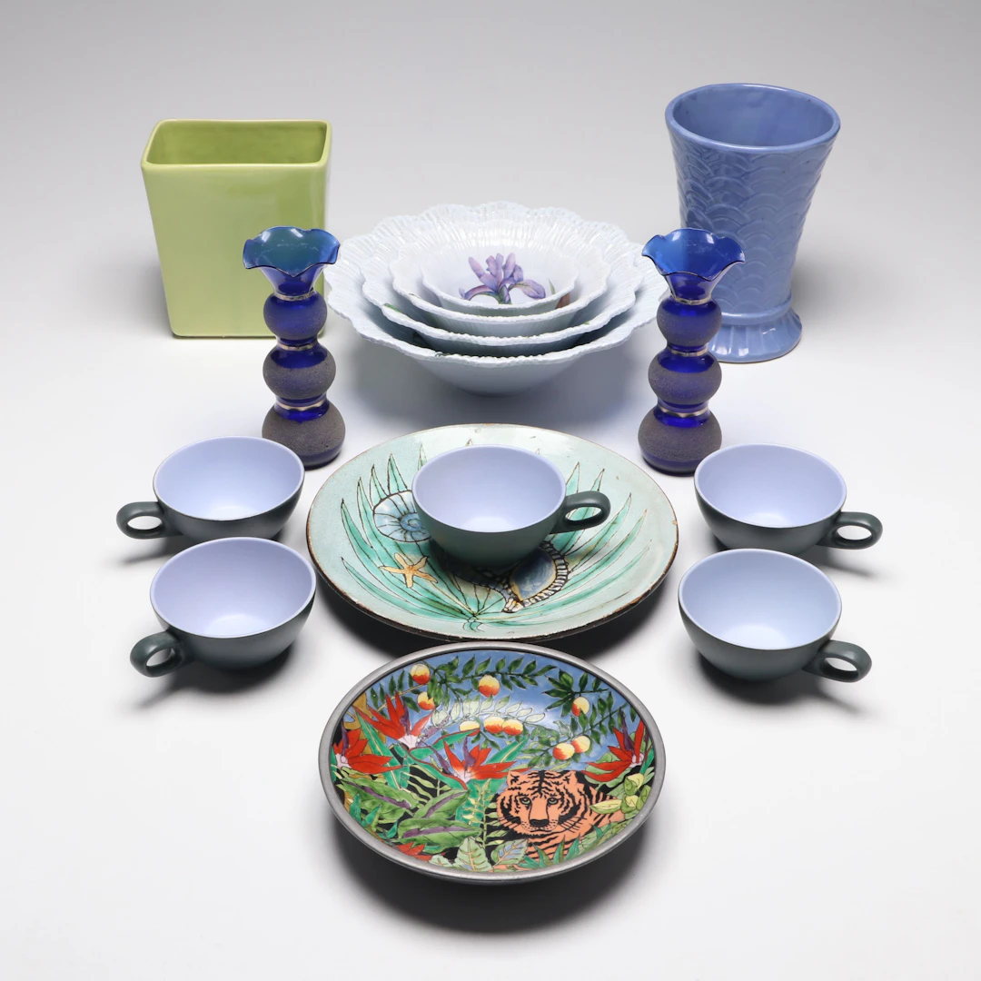 New Zealand Crown Lynn Potteries Cups with Pictorial Plates and Other Décor
