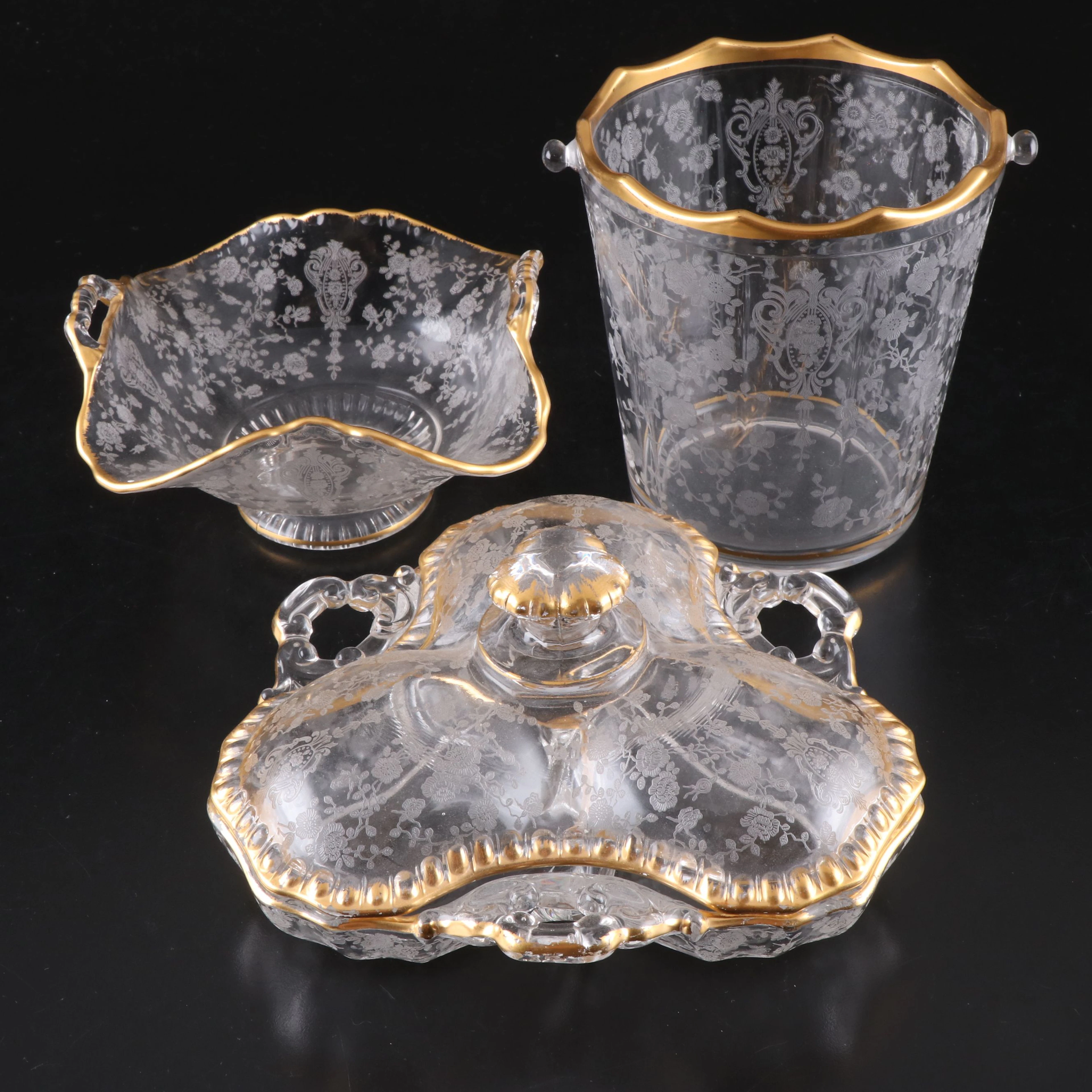 Cambridge "Rose Point" Gold Encrusted Covered Relish, Ice Bucket and Basket