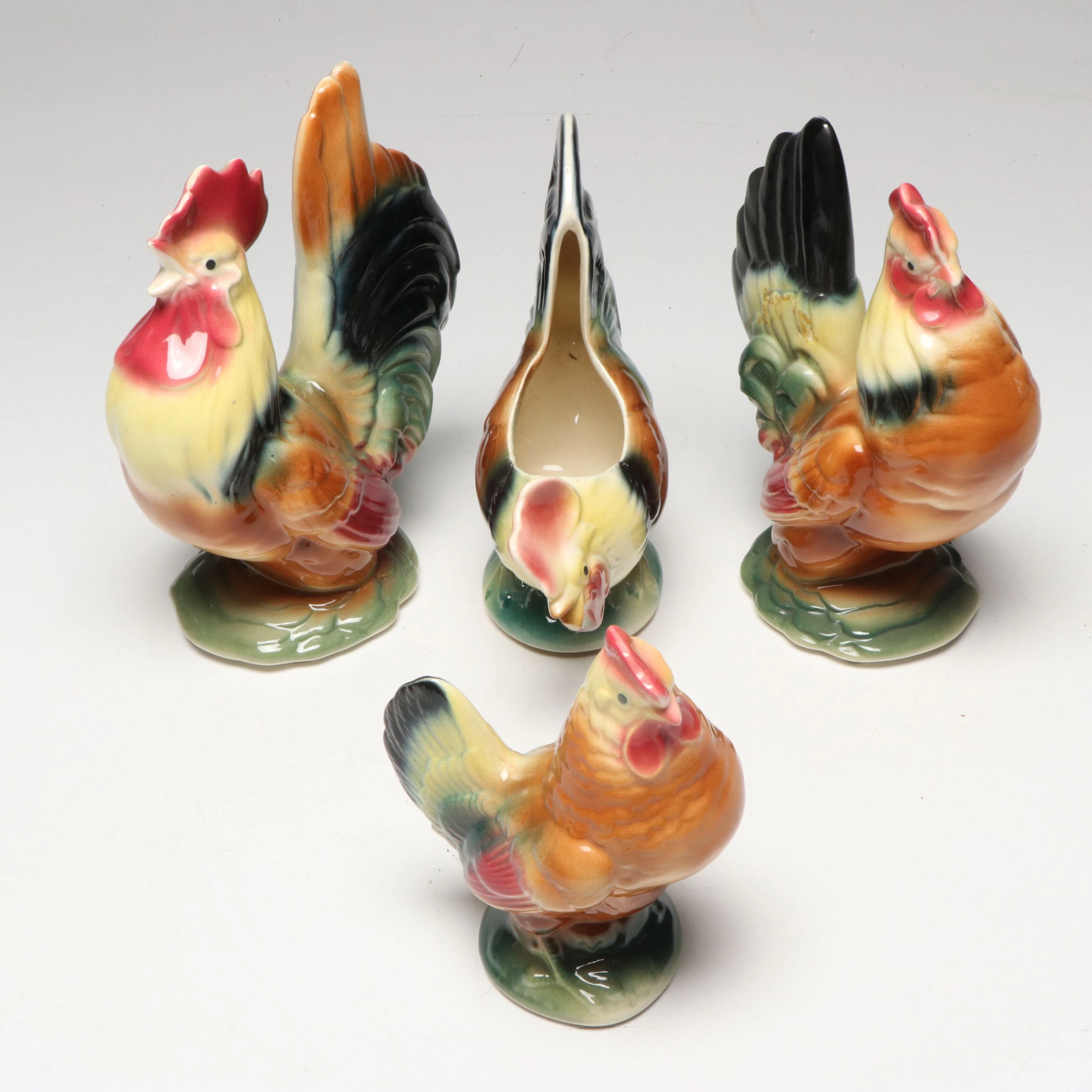 Polychrome Ceramic Rooster Figurines and Planter, Vintage