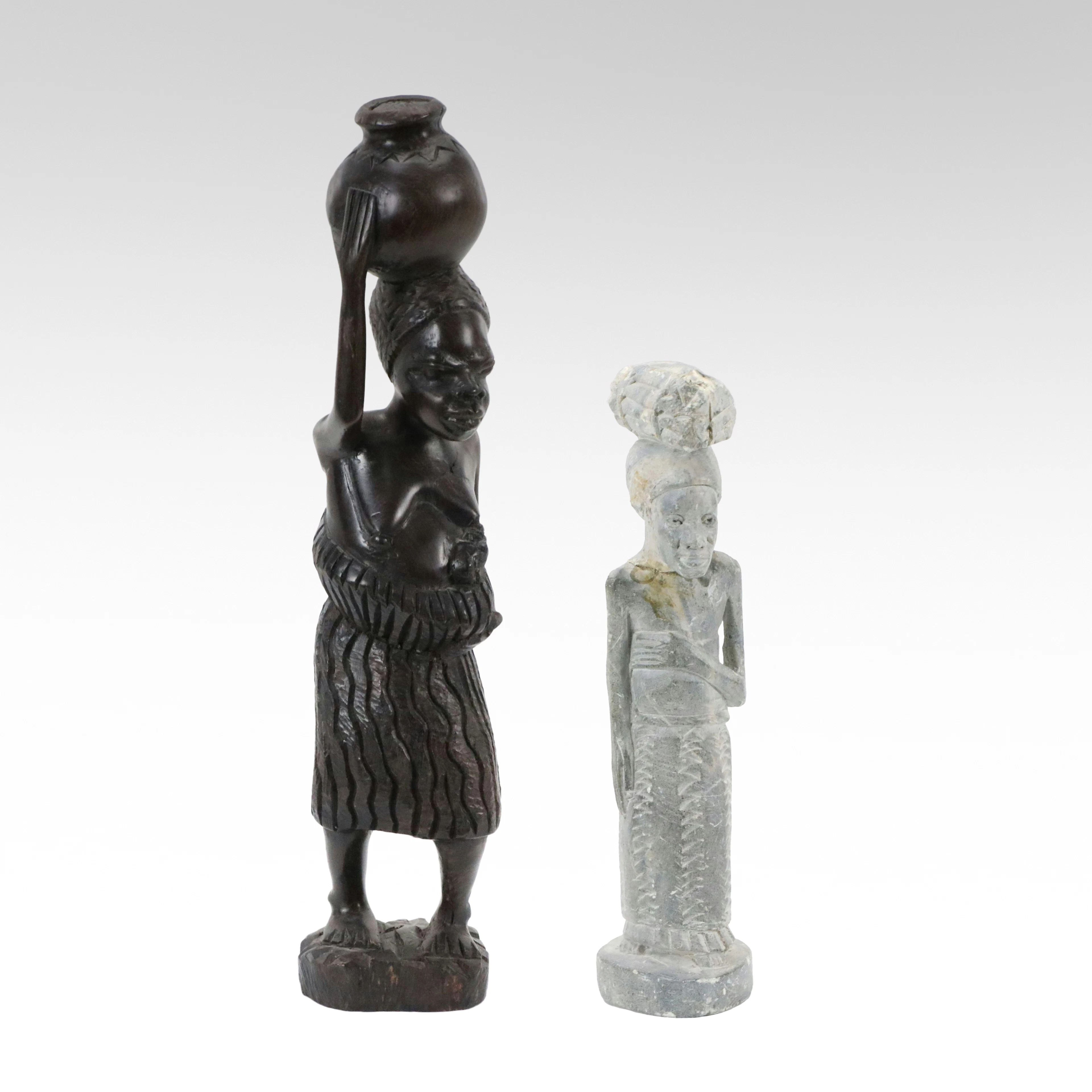 Soapstone Carving of Mother and Child with Makonde Style Carved Ebony Figurine